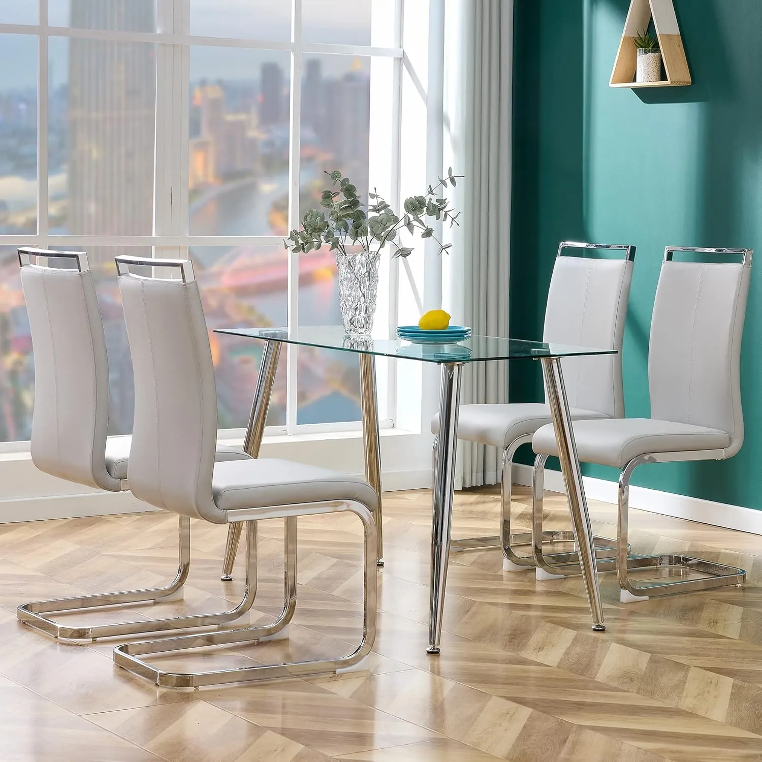 AZmac Modern Leather Dining Chairs Set of 4,Armless Kitchen Chairs,Dining Room Chairs with Upholstered Padded Seat and Sturdy Chrome Legs for Dining Room,Kitchen (Set of 4, Warm Grey)