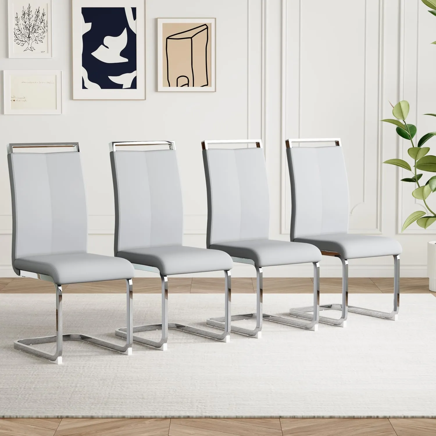 AZmac Modern Leather Dining Chairs Set of 4,Armless Kitchen Chairs,Dining Room Chairs with Upholstered Padded Seat and Sturdy Chrome Legs for Dining Room,Kitchen (Set of 4, Warm Grey)