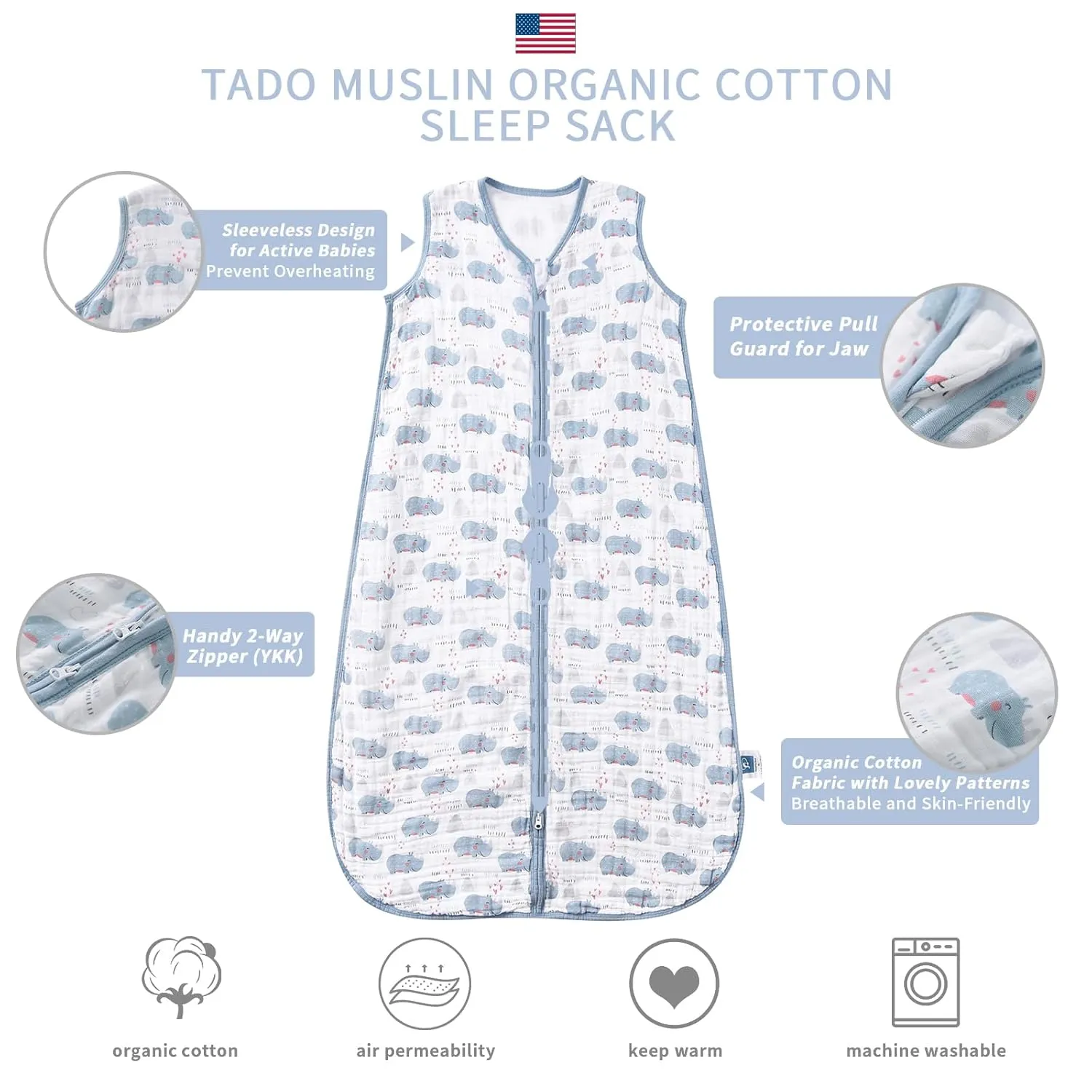 Baby Sleep Sack 2-4 T Boys & Girls Wearable Blanket 100% Organic Cotton 0.5 TOG Toddler Sleeping Sack 2- Way Zipper X-Large