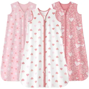 Baby Sleep Sack 6-12 months, 100% Cotton Sleeping Sack for Newborn and Infant, 3 Pack Baby Wearable Blanket for Boy and Girl, 0.5 Tog Lightweight Double Zipper Sleep Bag Pink Heart