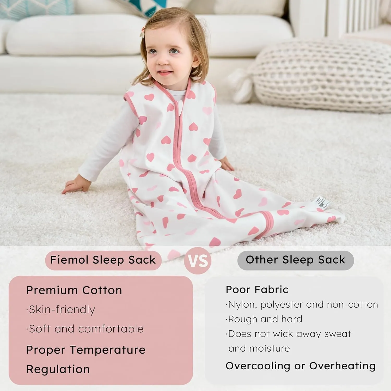 Baby Sleep Sack 6-12 months, 100% Cotton Sleeping Sack for Newborn and Infant, 3 Pack Baby Wearable Blanket for Boy and Girl, 0.5 Tog Lightweight Double Zipper Sleep Bag Pink Heart