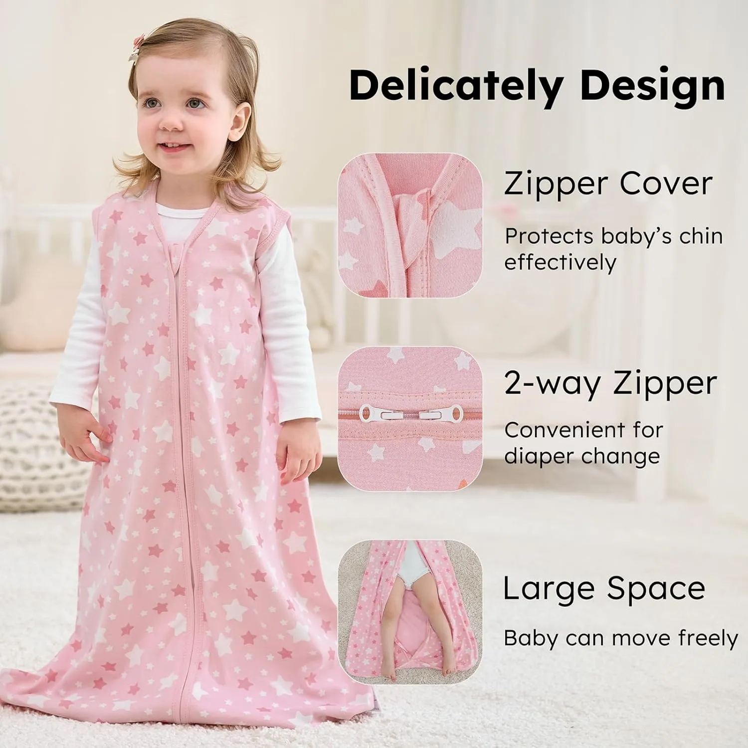 Baby Sleep Sack 6-12 months, 100% Cotton Sleeping Sack for Newborn and Infant, 3 Pack Baby Wearable Blanket for Boy and Girl, 0.5 Tog Lightweight Double Zipper Sleep Bag Pink Heart