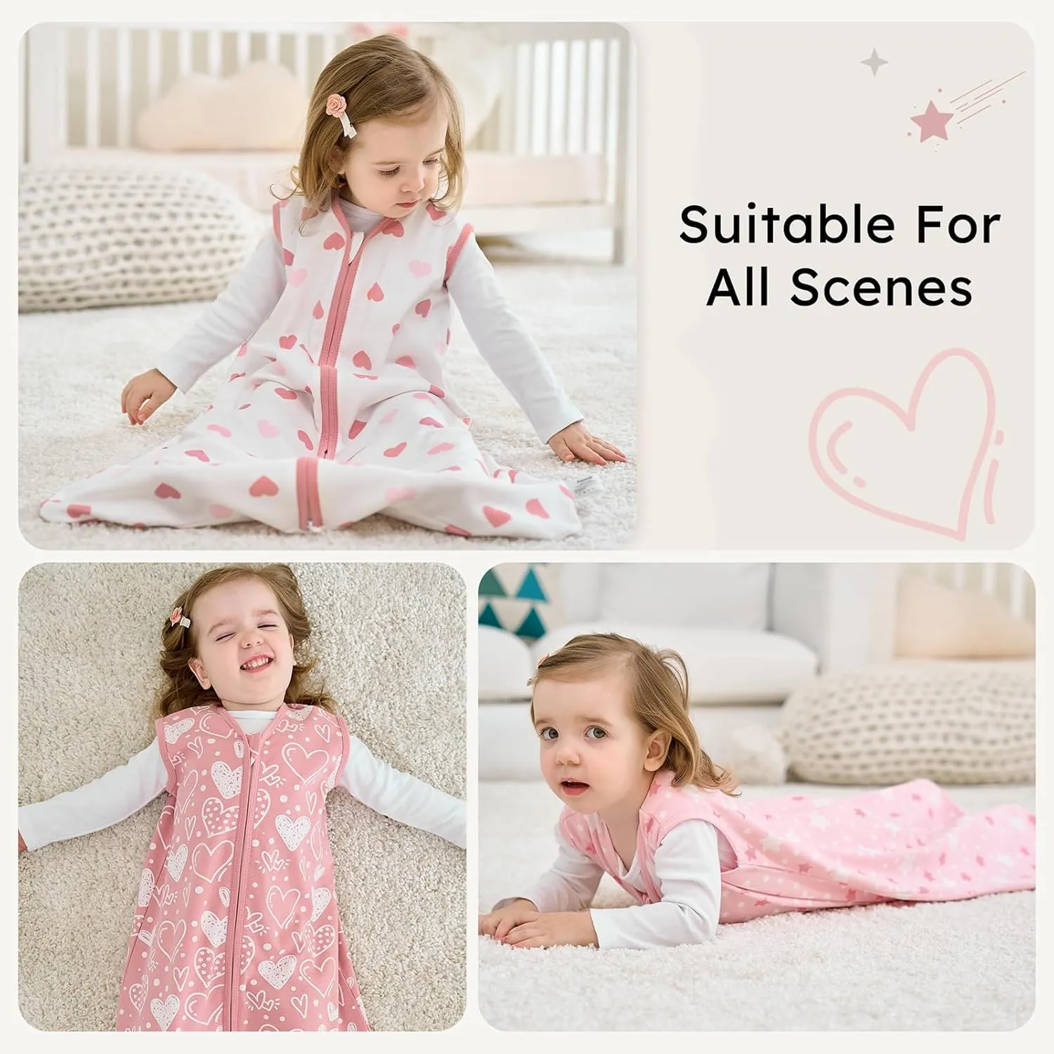 Baby Sleep Sack 6-12 months, 100% Cotton Sleeping Sack for Newborn and Infant, 3 Pack Baby Wearable Blanket for Boy and Girl, 0.5 Tog Lightweight Double Zipper Sleep Bag Pink Heart