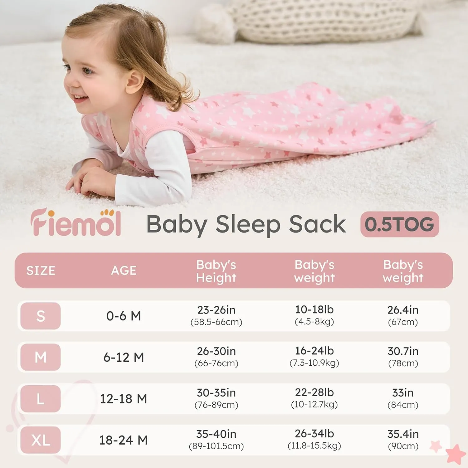 Baby Sleep Sack 6-12 months, 100% Cotton Sleeping Sack for Newborn and Infant, 3 Pack Baby Wearable Blanket for Boy and Girl, 0.5 Tog Lightweight Double Zipper Sleep Bag Pink Heart