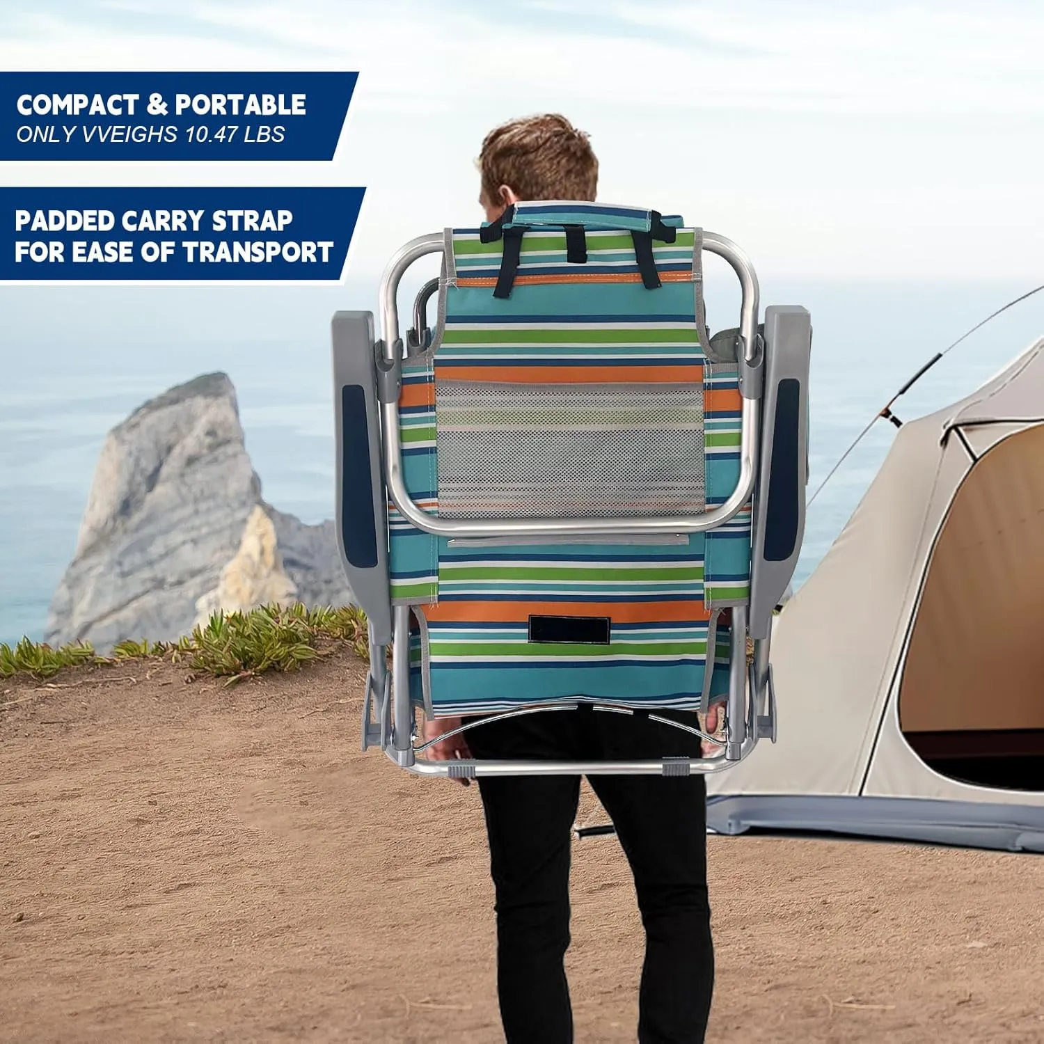 Backpack Beach Chair Aluminum with Folding Camping Table 5-Position Lay Flat Lounge Chair Outdoor for Adults with Insulated Cooler Bag and Cup Holder