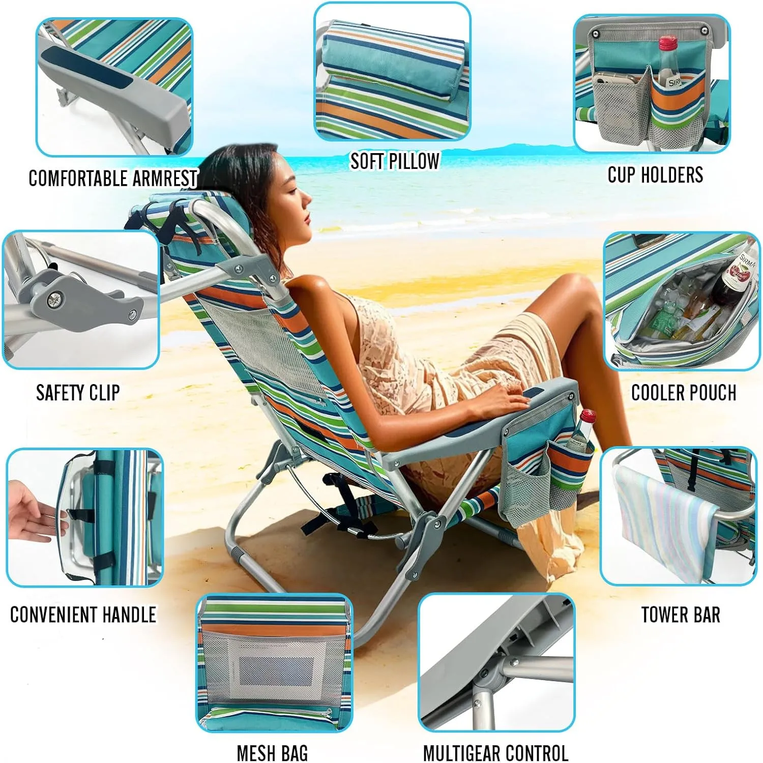 Backpack Beach Chair Aluminum with Folding Camping Table 5-Position Lay Flat Lounge Chair Outdoor for Adults with Insulated Cooler Bag and Cup Holder