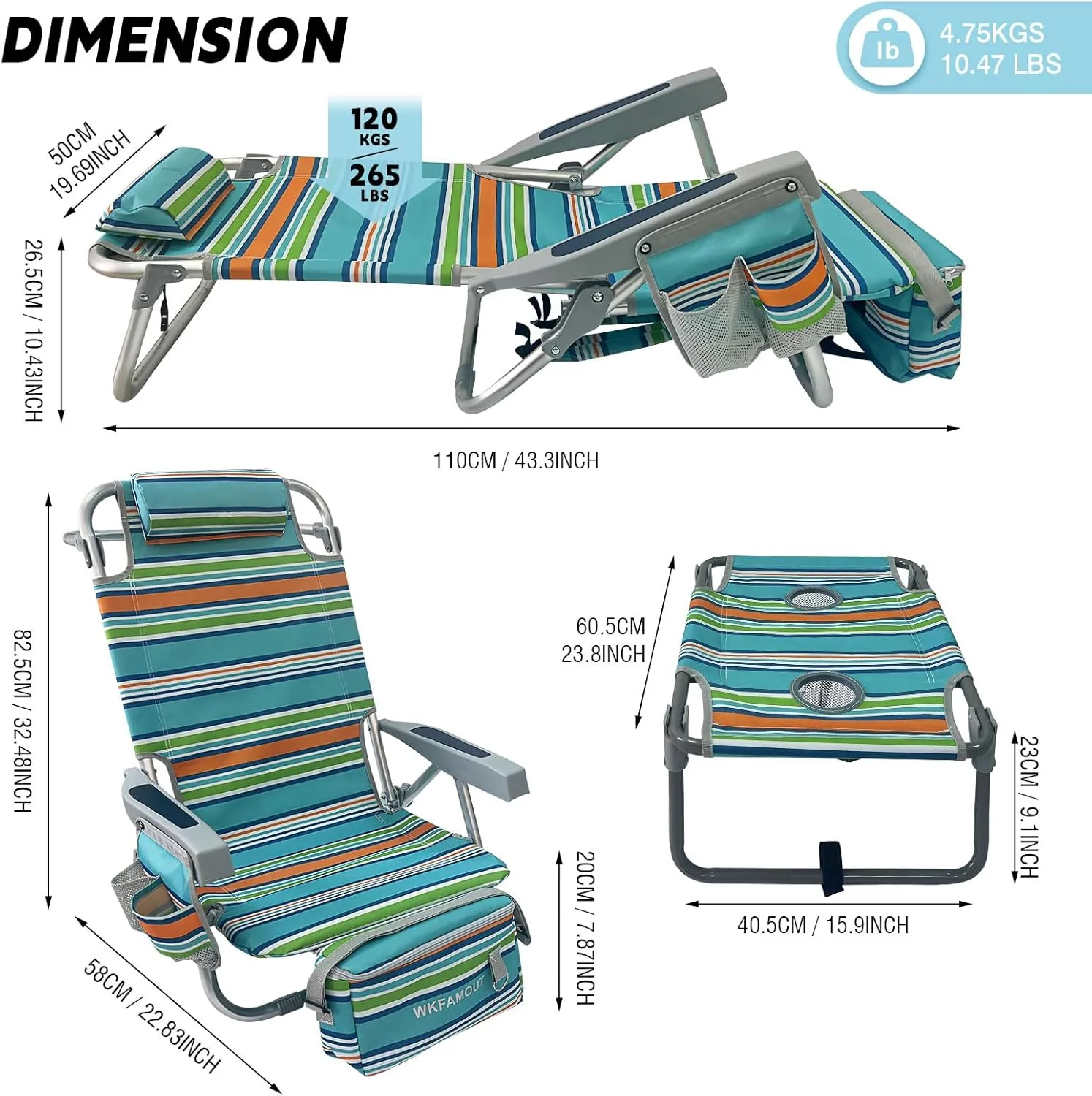 Backpack Beach Chair Aluminum with Folding Camping Table 5-Position Lay Flat Lounge Chair Outdoor for Adults with Insulated Cooler Bag and Cup Holder