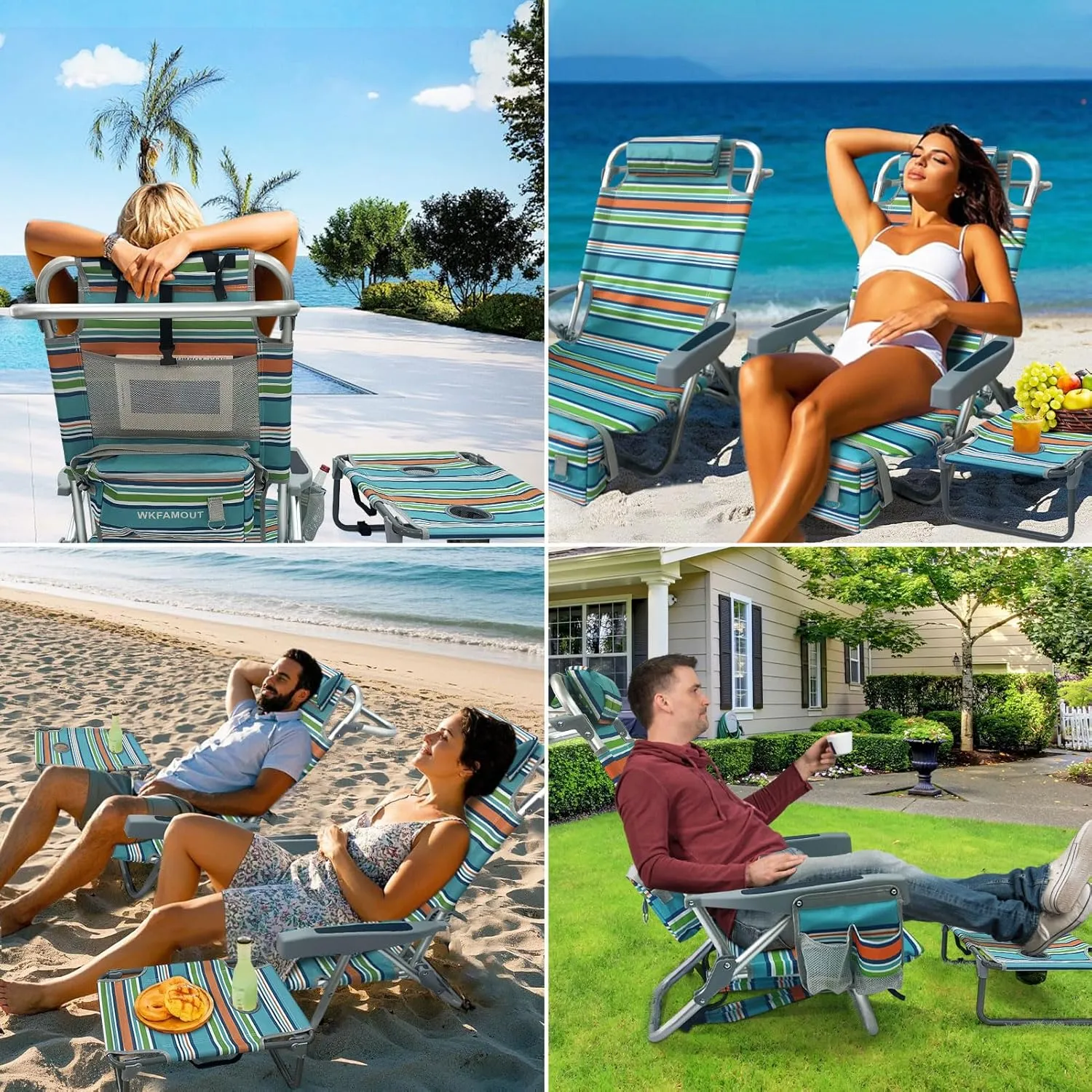 Backpack Beach Chair Aluminum with Folding Camping Table 5-Position Lay Flat Lounge Chair Outdoor for Adults with Insulated Cooler Bag and Cup Holder