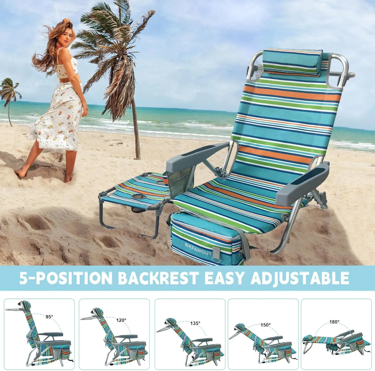 Backpack Beach Chair Aluminum with Folding Camping Table 5-Position Lay Flat Lounge Chair Outdoor for Adults with Insulated Cooler Bag and Cup Holder