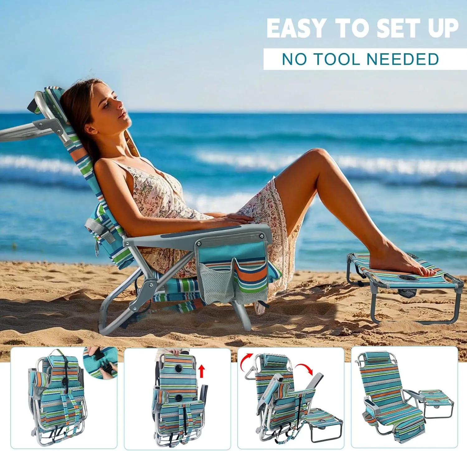 Backpack Beach Chair Aluminum with Folding Camping Table 5-Position Lay Flat Lounge Chair Outdoor for Adults with Insulated Cooler Bag and Cup Holder