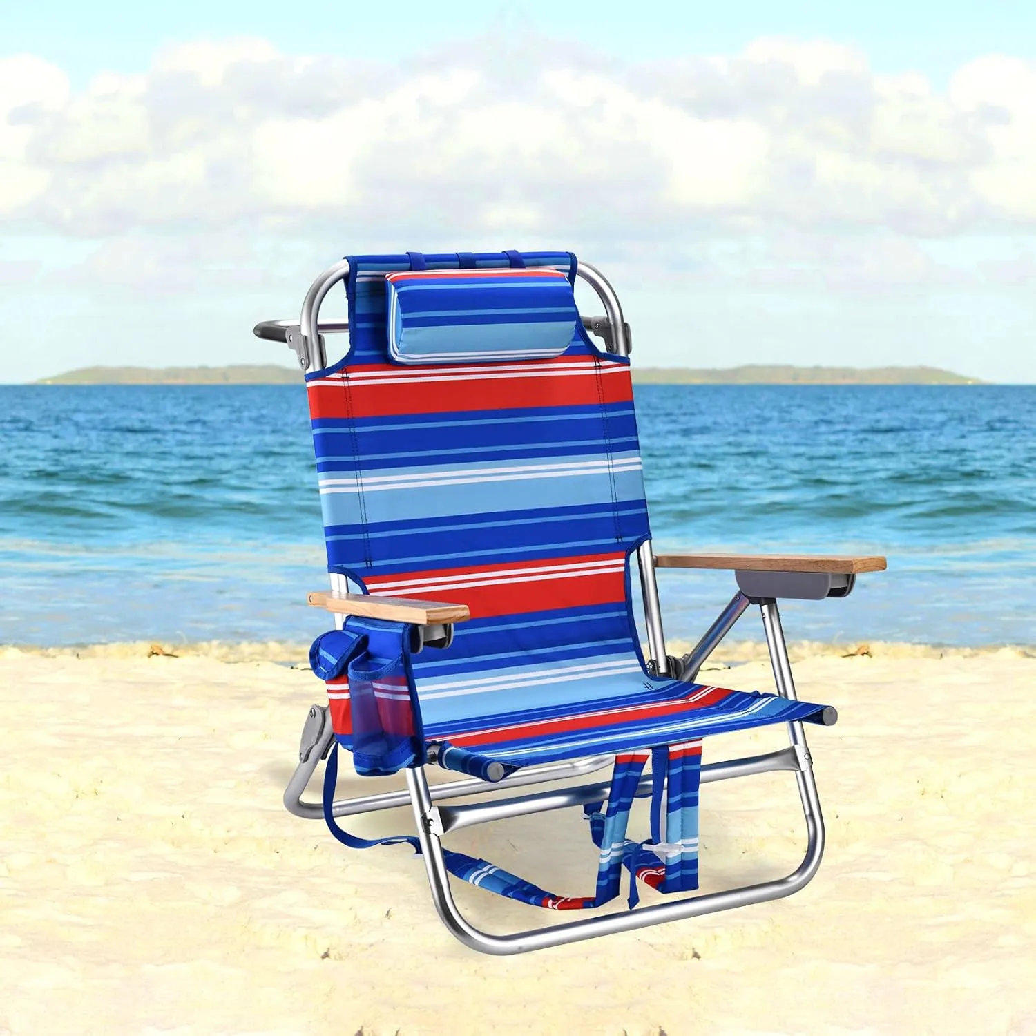 Backpack Beach Chairs for Adults Capacity 300 LBS Low 5 Position Beach Chair with Pouch Straps Folding Lightweight Reclining Aluminum Wide Lay Flat Single