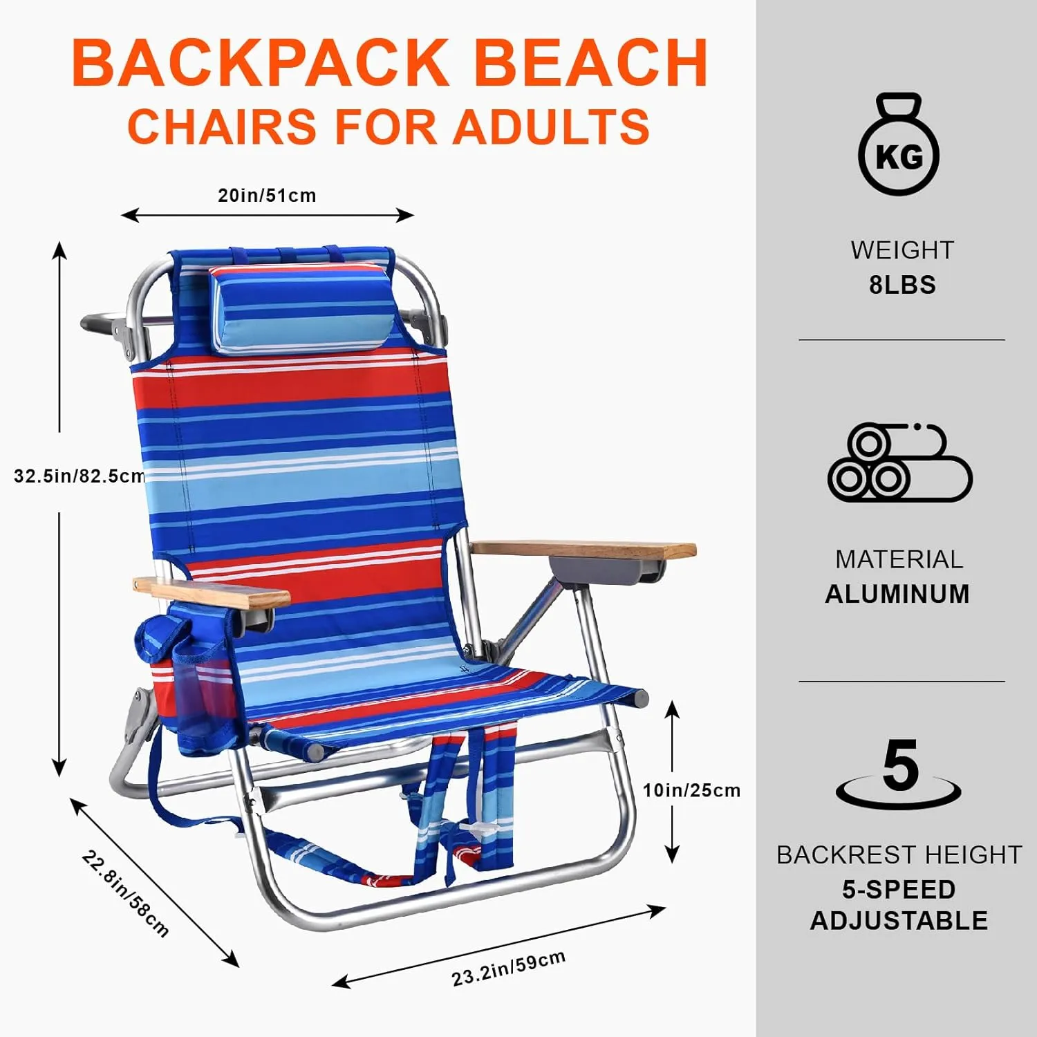 Backpack Beach Chairs for Adults Capacity 300 LBS Low 5 Position Beach Chair with Pouch Straps Folding Lightweight Reclining Aluminum Wide Lay Flat Single