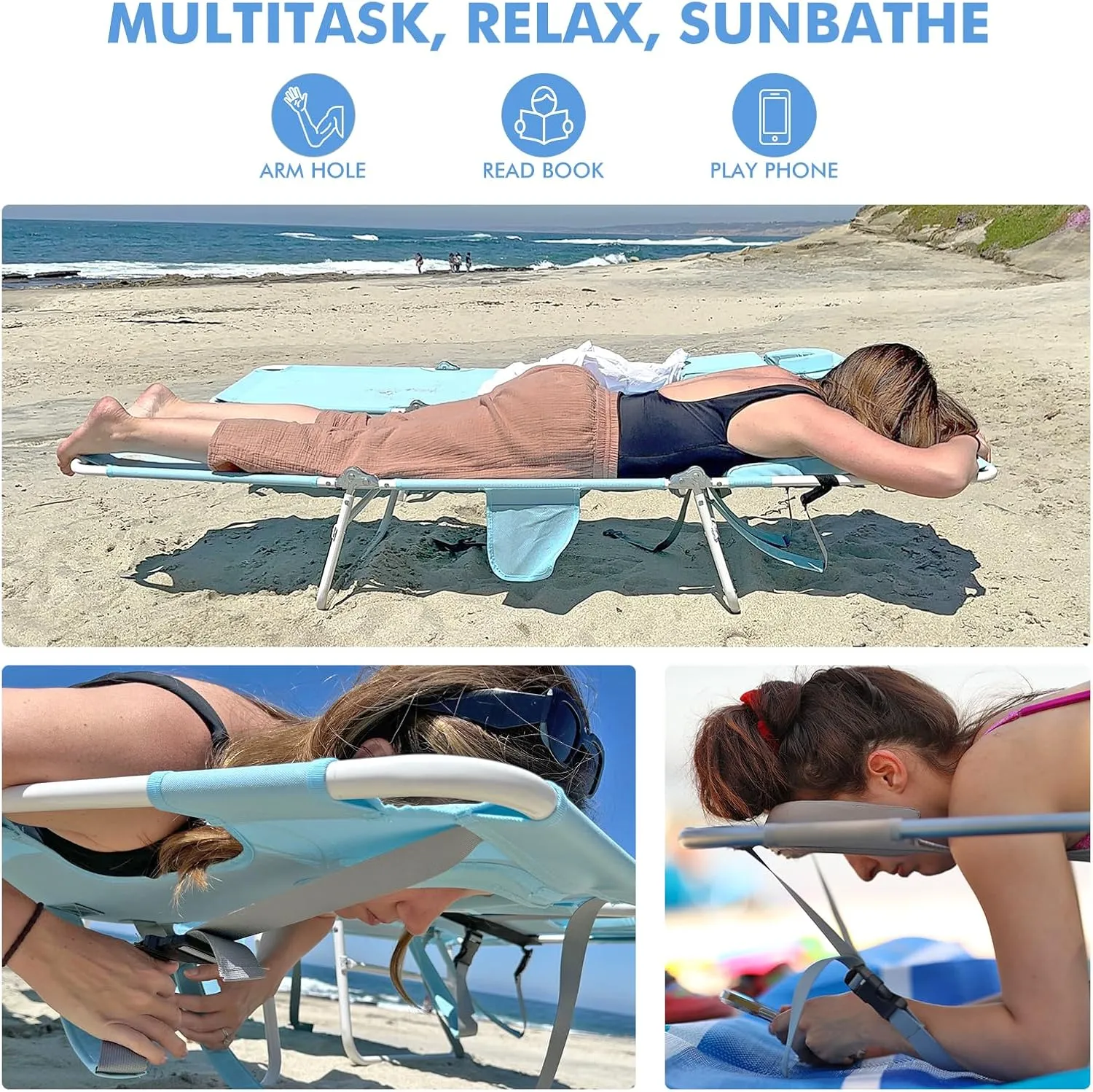 Backpack Beach Tanning Chair with Canopy Sun Shade & Face Hole, 6 Position Folding Lounge Sun Chair for Adults Outside Reading Sunbathing Poolside Camping Lawn, UPF 50 , 2 Pack, Patented