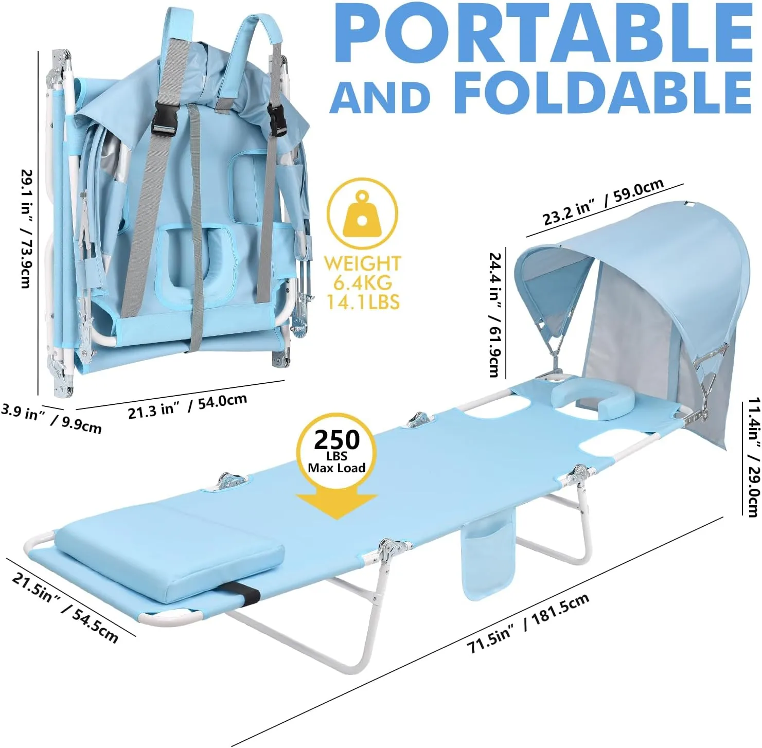 Backpack Beach Tanning Chair with Canopy Sun Shade & Face Hole, 6 Position Folding Lounge Sun Chair for Adults Outside Reading Sunbathing Poolside Camping Lawn, UPF 50 , 2 Pack, Patented