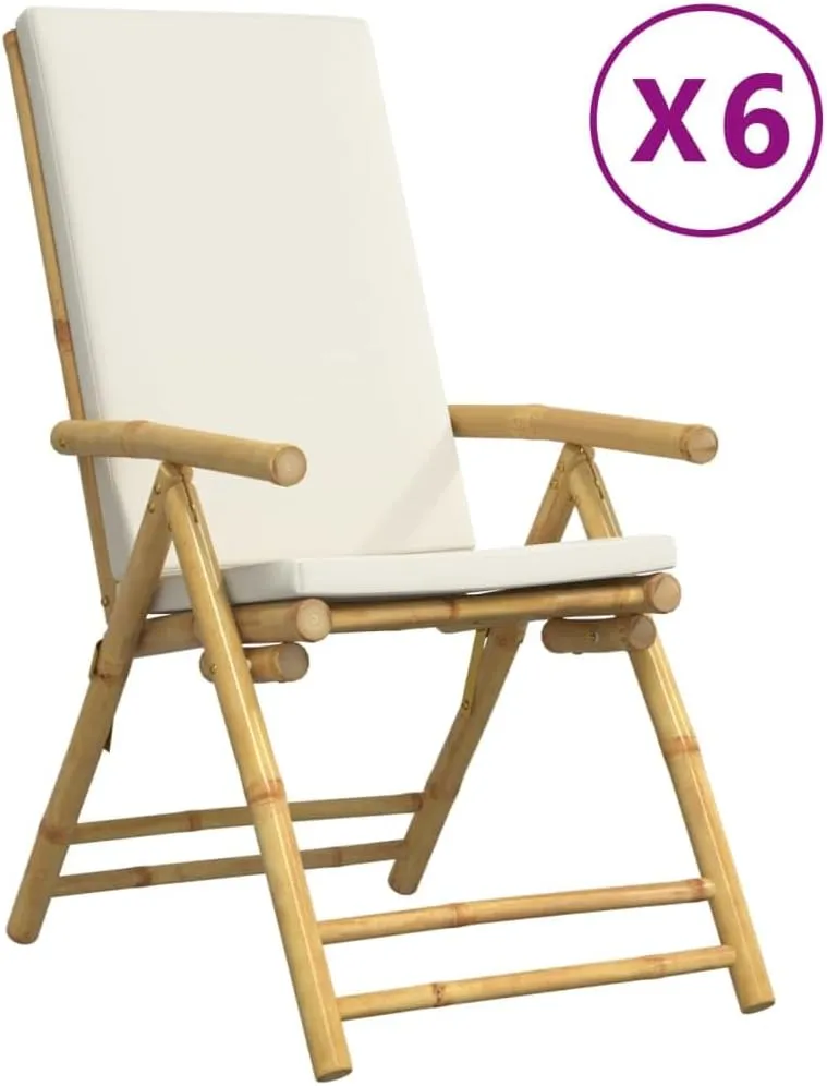 Backyard Chairs Beach Chair Outdoor Chairs Kitchen Chairs - 6 Piece Folding Patio Reclining Chairs with Cream White Cushions Bamboo for Beaches Outside Terrace Park