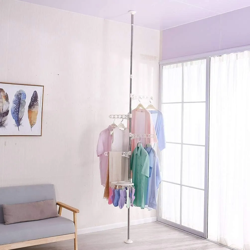 BAOYOUNI 4-Tier Standing Clothes Laundry Drying Rack Grament Coat Hanger Organizer Floor to Ceiling Adjustable Metal Corner Tension Pole Spce Saver with Socks Towel Clothespins, Ivory