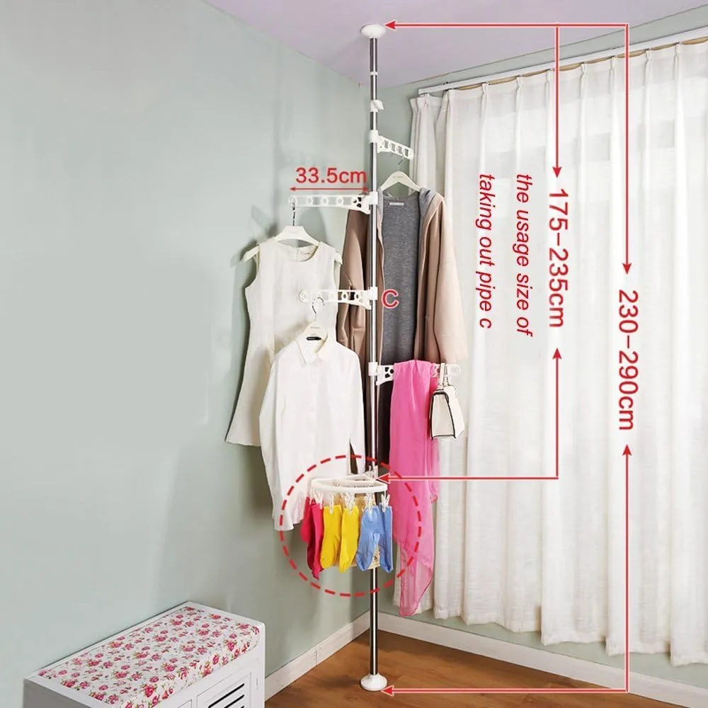 BAOYOUNI 4-Tier Standing Clothes Laundry Drying Rack Grament Coat Hanger Organizer Floor to Ceiling Adjustable Metal Corner Tension Pole Spce Saver with Socks Towel Clothespins, Ivory