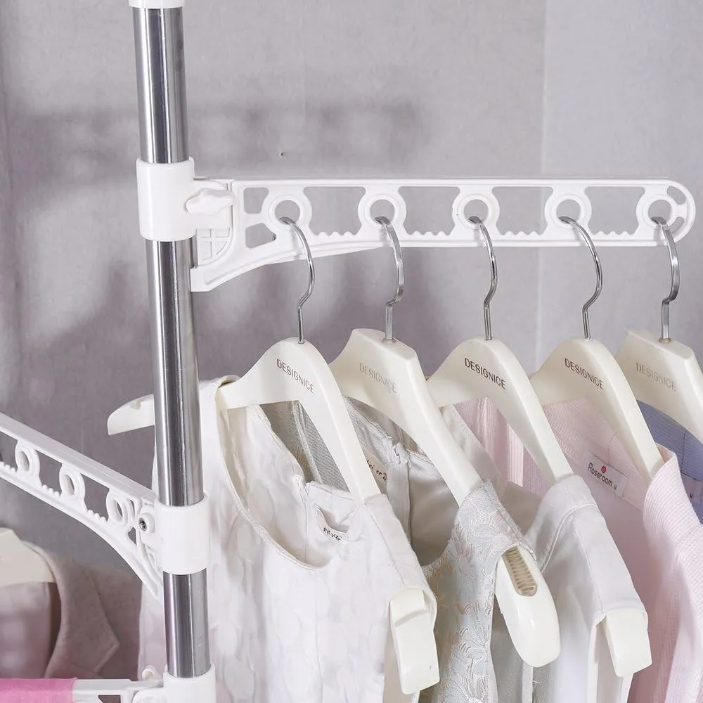 BAOYOUNI 4-Tier Standing Clothes Laundry Drying Rack Grament Coat Hanger Organizer Floor to Ceiling Adjustable Metal Corner Tension Pole Spce Saver with Socks Towel Clothespins, Ivory