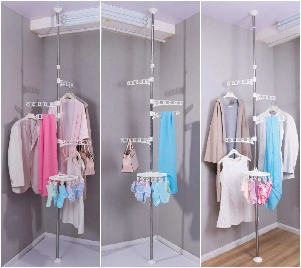 BAOYOUNI 4-Tier Standing Clothes Laundry Drying Rack Grament Coat Hanger Organizer Floor to Ceiling Adjustable Metal Corner Tension Pole Spce Saver with Socks Towel Clothespins, Ivory