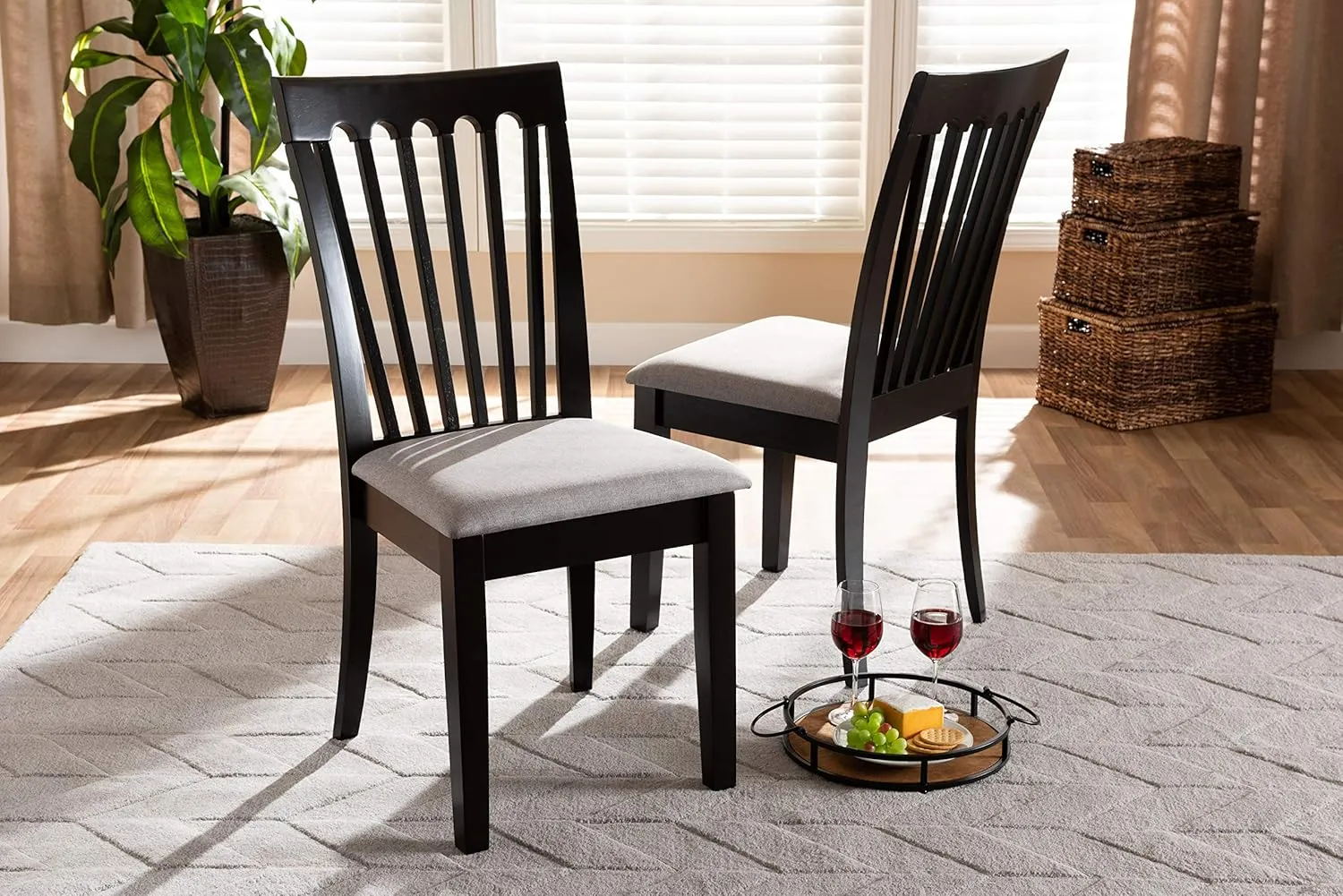 Baxton Studio Minette 2-Piece Dining Chair Set - Gray Fabric Upholstered With Espresso Brown Finished Wood