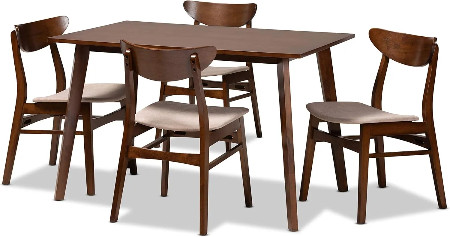 Baxton Studio Orion Mid-Century Modern Transitional Light Beige Fabric Upholstered and Walnut Brown Finished Wood 5-Piece Dining Set