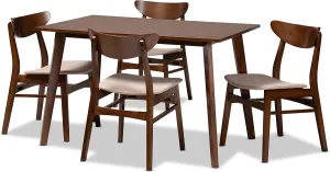 Baxton Studio Orion Mid-Century Modern Transitional Light Beige Fabric Upholstered and Walnut Brown Finished Wood 5-Piece Dining Set