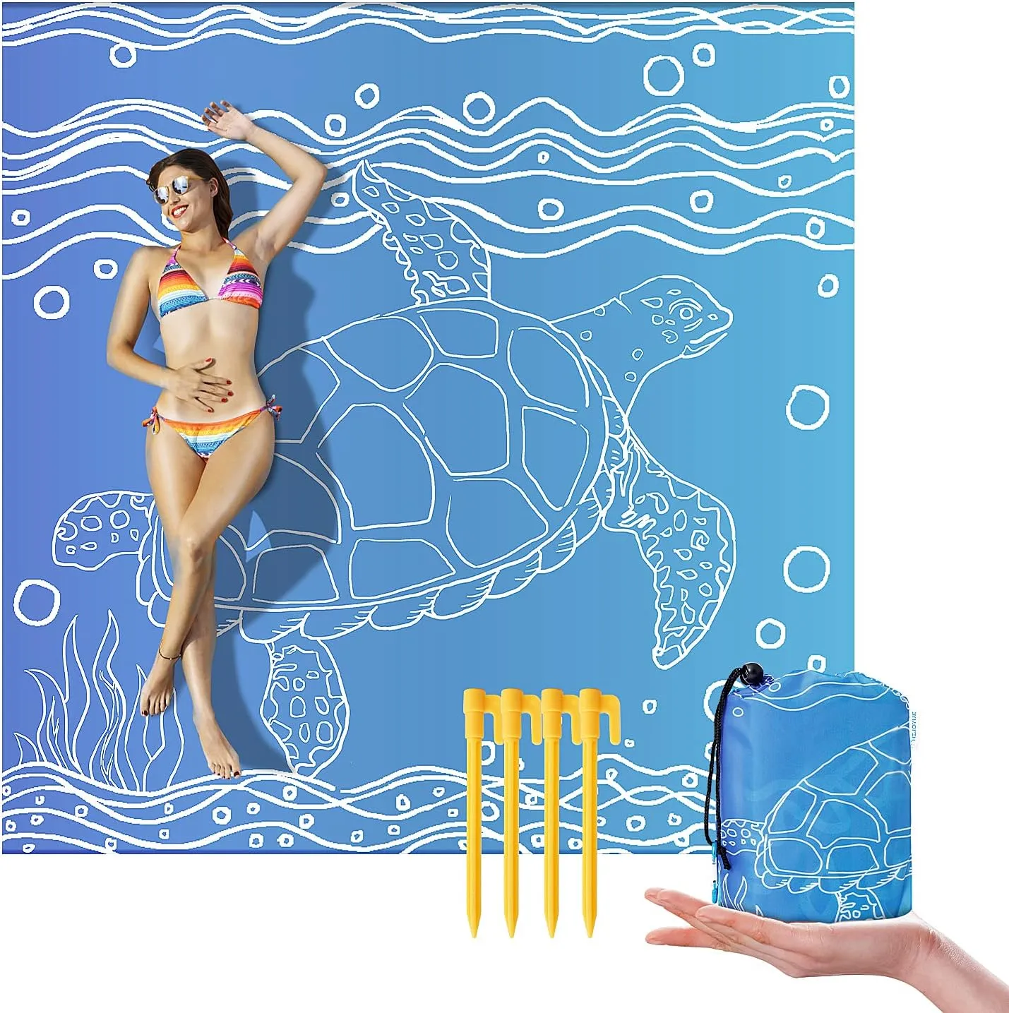 Beach Blanket Large Famliy Size (79" x 83") -Lightweight, Sand Proof Outdoor Blanket Best Mat for The Beach, Travel, Camping, Festivals with Zipper Pockets,Stakes, Carabiner