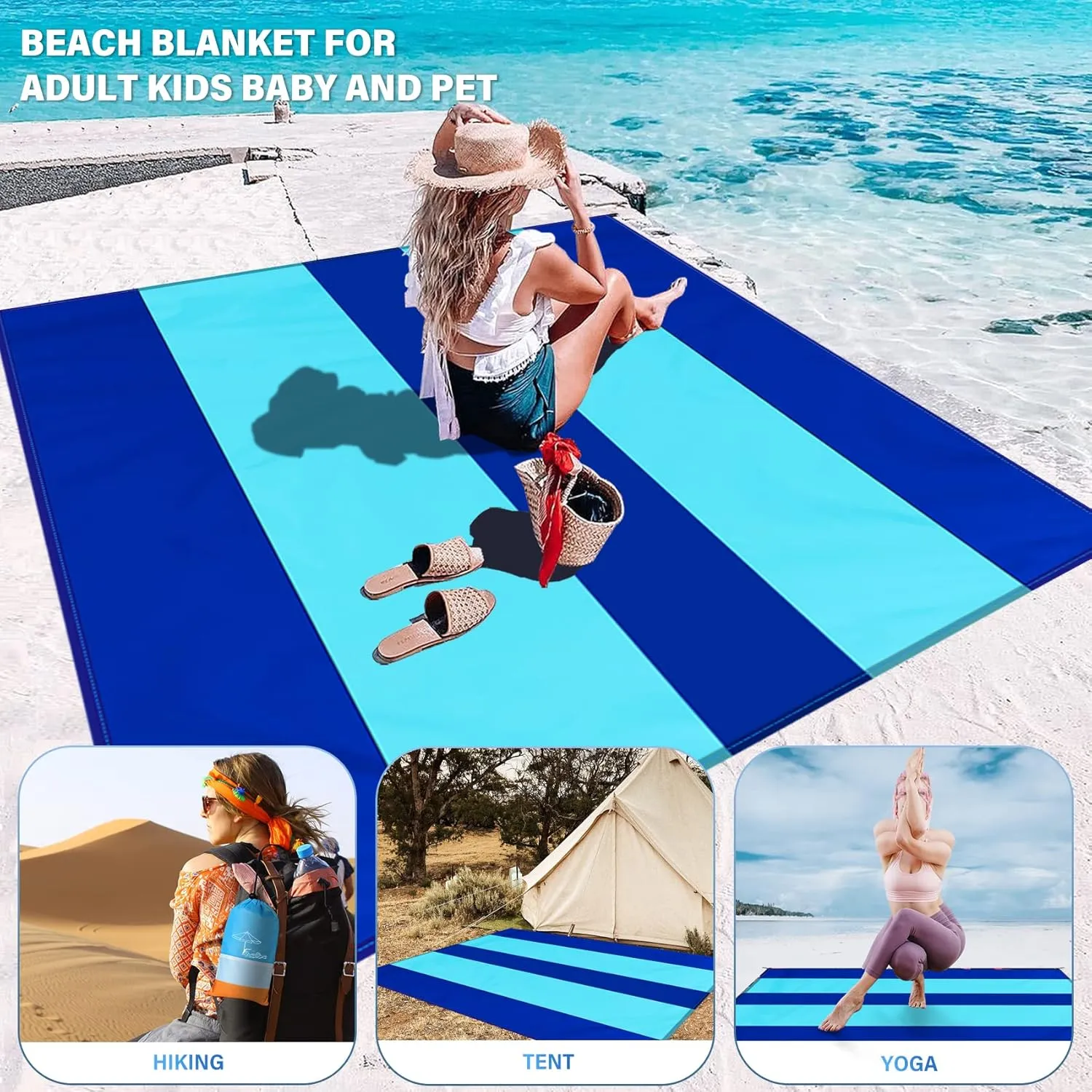 Beach Blanket Oversized Extra Large 10'X 9',Waterproof Sandproof Beach Blanket 2-8 Adults Lightweight Durable for Travel Camping Hiking Picnic (10'X 9', Blue2)