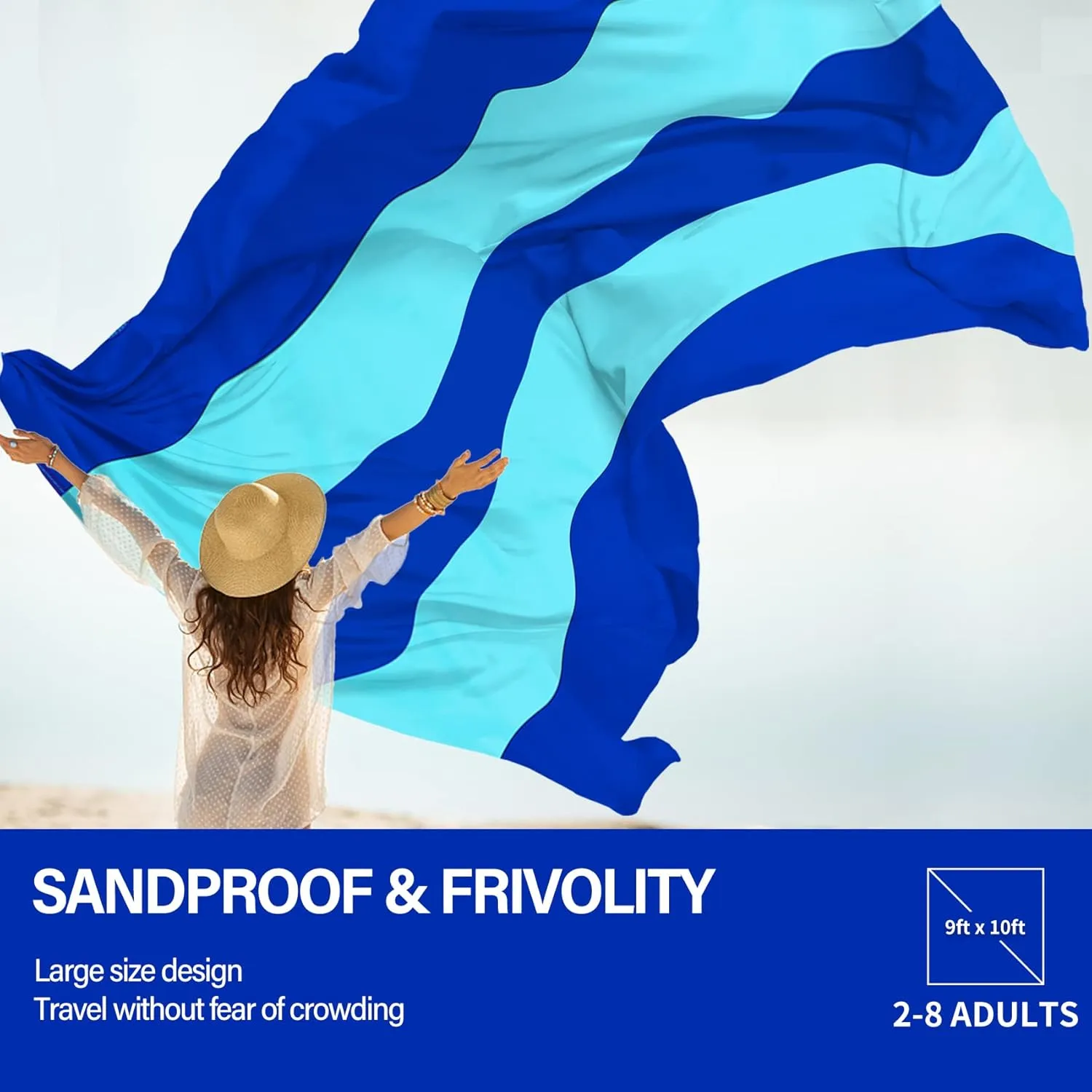 Beach Blanket Oversized Extra Large 10'X 9',Waterproof Sandproof Beach Blanket 2-8 Adults Lightweight Durable for Travel Camping Hiking Picnic (10'X 9', Blue2)
