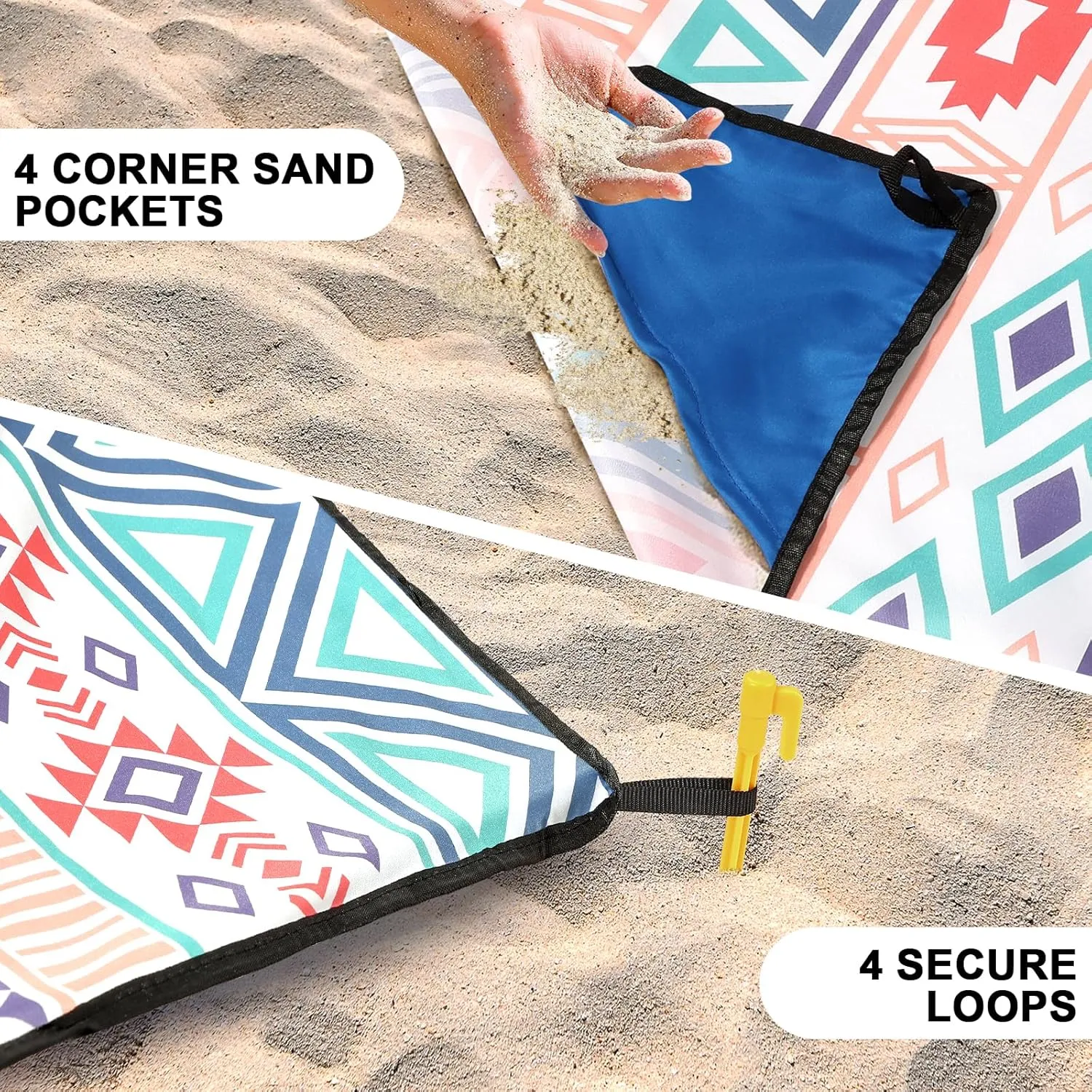 Beach Blanket, Sandproof Beach Mat, Waterproof Quick Drying Lightweight Outdoor Aztec Picnic Mat 79" X 83" for 2-4 Adults with Pocket for Travel, Camping, Hiking