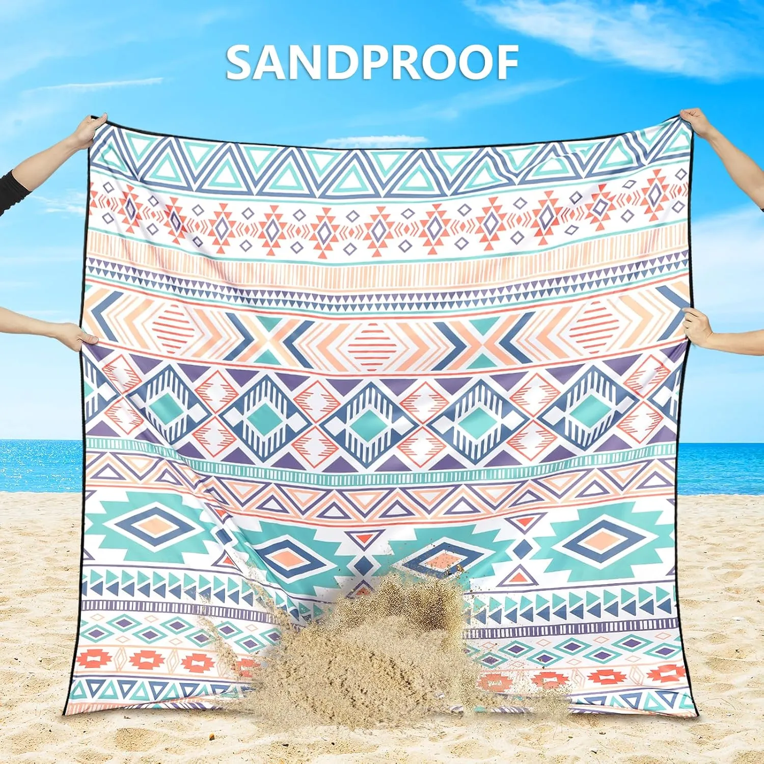 Beach Blanket, Sandproof Beach Mat, Waterproof Quick Drying Lightweight Outdoor Aztec Picnic Mat 79" X 83" for 2-4 Adults with Pocket for Travel, Camping, Hiking