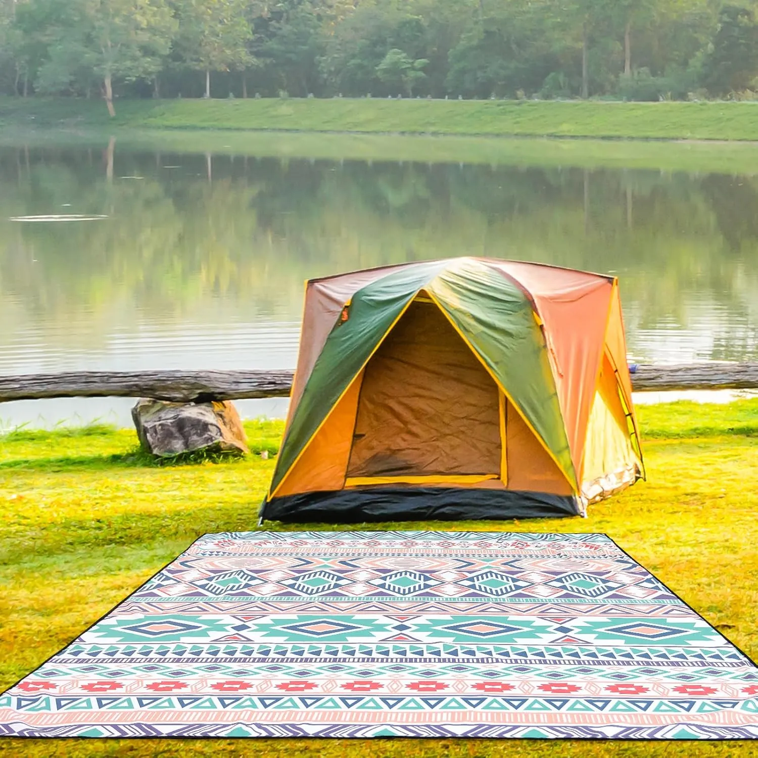 Beach Blanket, Sandproof Beach Mat, Waterproof Quick Drying Lightweight Outdoor Aztec Picnic Mat 79" X 83" for 2-4 Adults with Pocket for Travel, Camping, Hiking