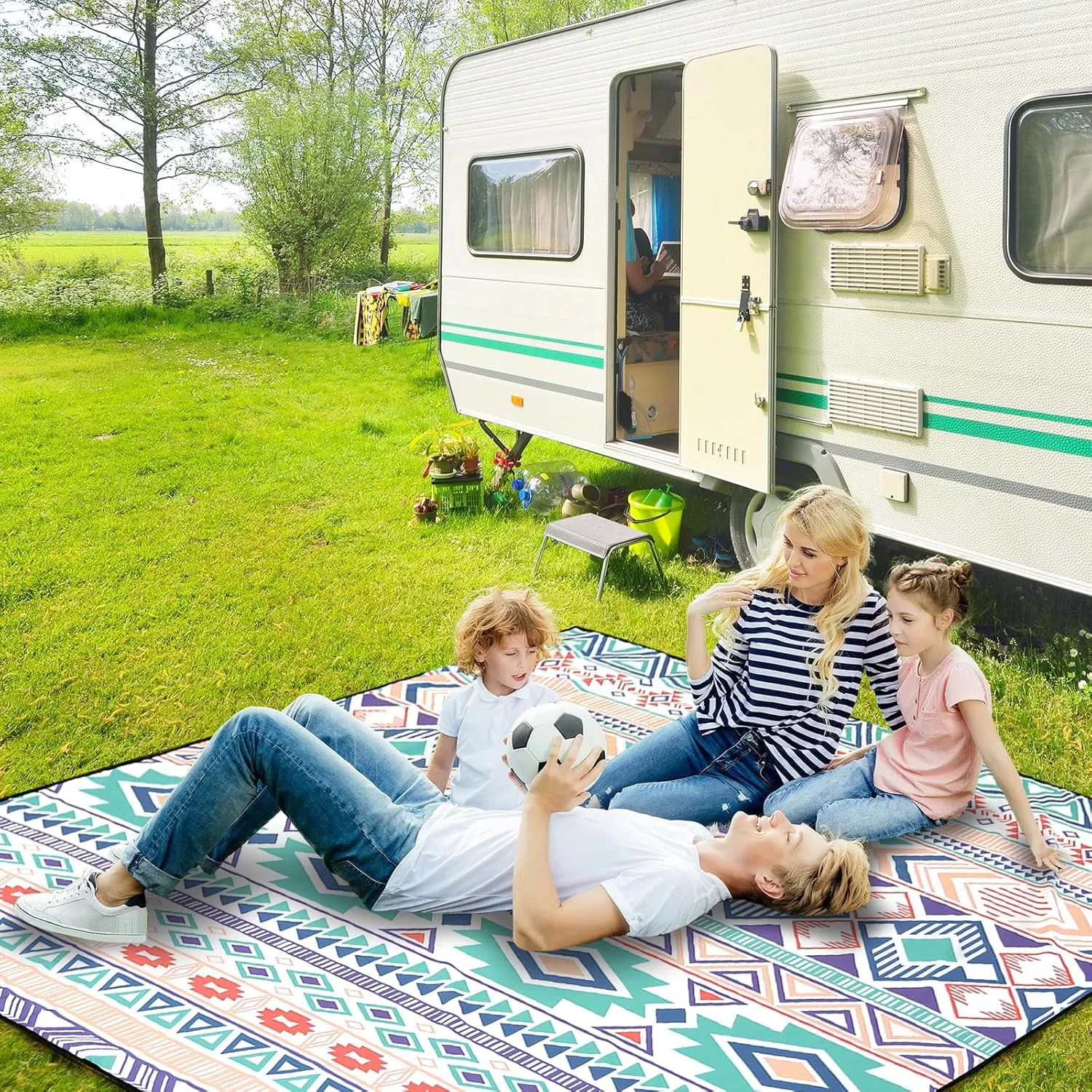 Beach Blanket, Sandproof Beach Mat, Waterproof Quick Drying Lightweight Outdoor Aztec Picnic Mat 79" X 83" for 2-4 Adults with Pocket for Travel, Camping, Hiking