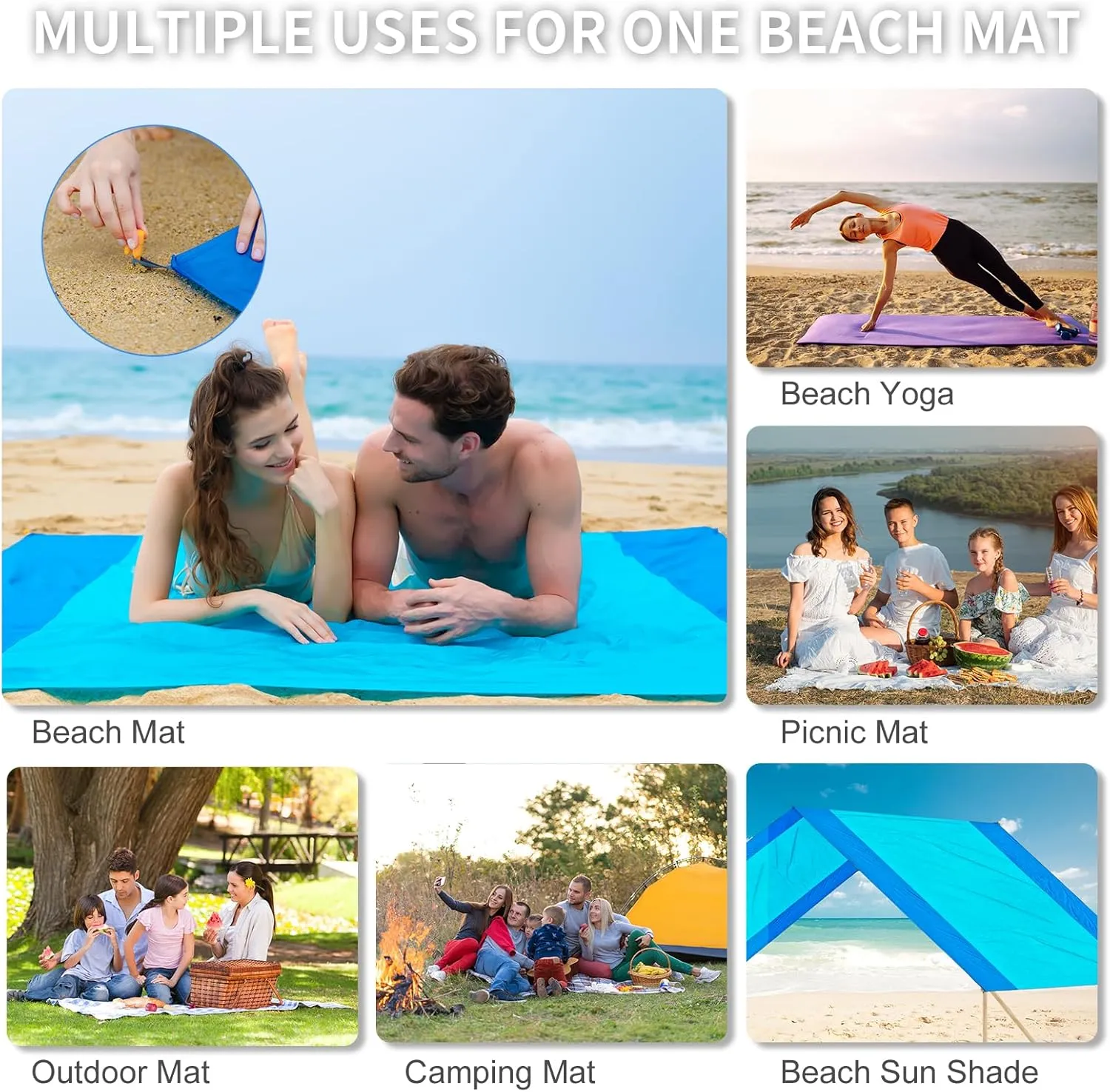 Beach Blanket Sandproof, Extra Large Beach Mat 106'' x 83'' Oversized Big & Compact Travel Mat Quick Drying, Lightweight, Pockets Picnic Mat for Beach, Camping, Hiking