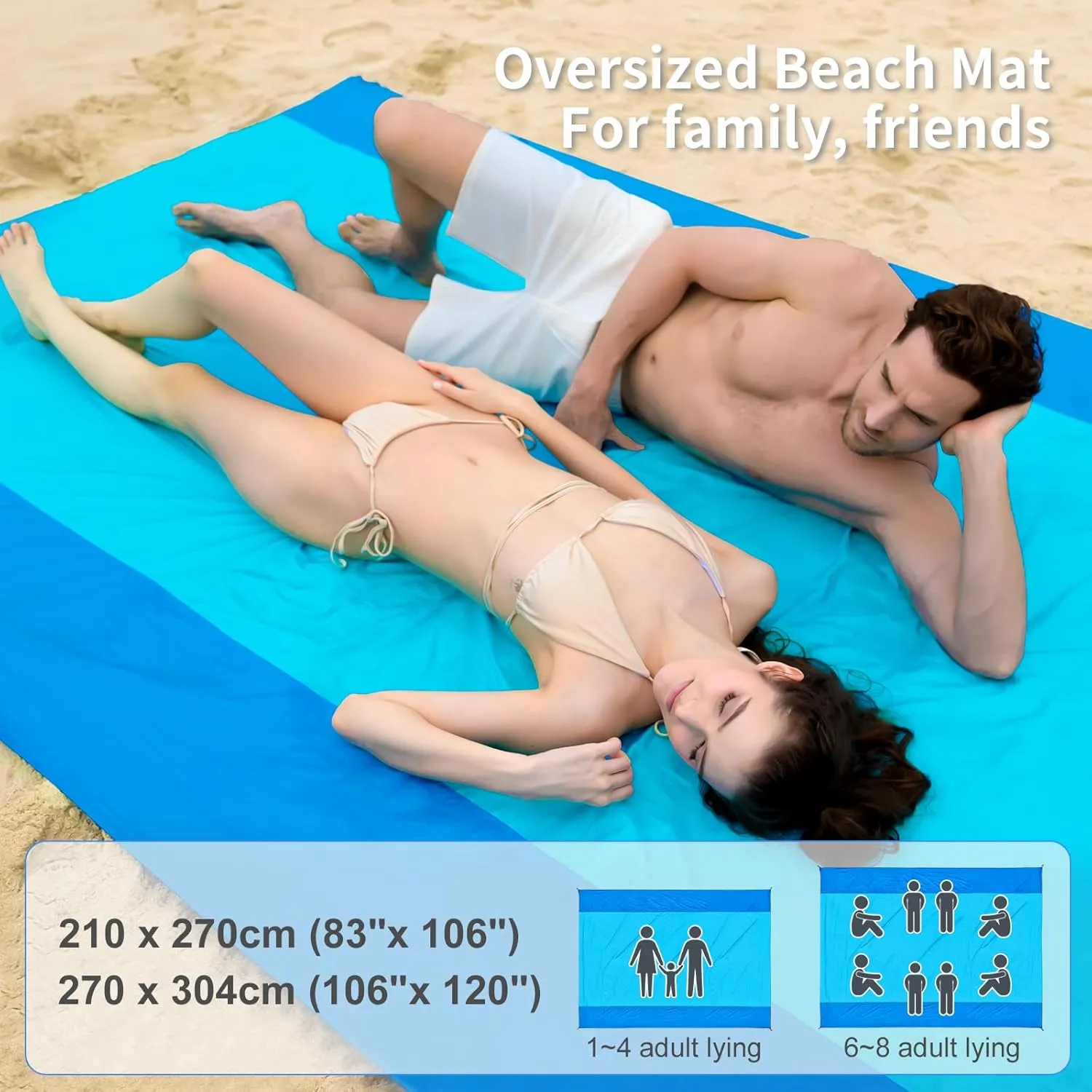 Beach Blanket Sandproof, Extra Large Beach Mat 106'' x 83'' Oversized Big & Compact Travel Mat Quick Drying, Lightweight, Pockets Picnic Mat for Beach, Camping, Hiking