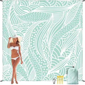 Beach Blanket Sandproof Extra Large Beach Mat Adults Waterproof Quick Drying Sand Free Mat Made by Premium Polyester with 4 Stakes & 4 Corner Pockets for Outdoor Travel Camping Hiking