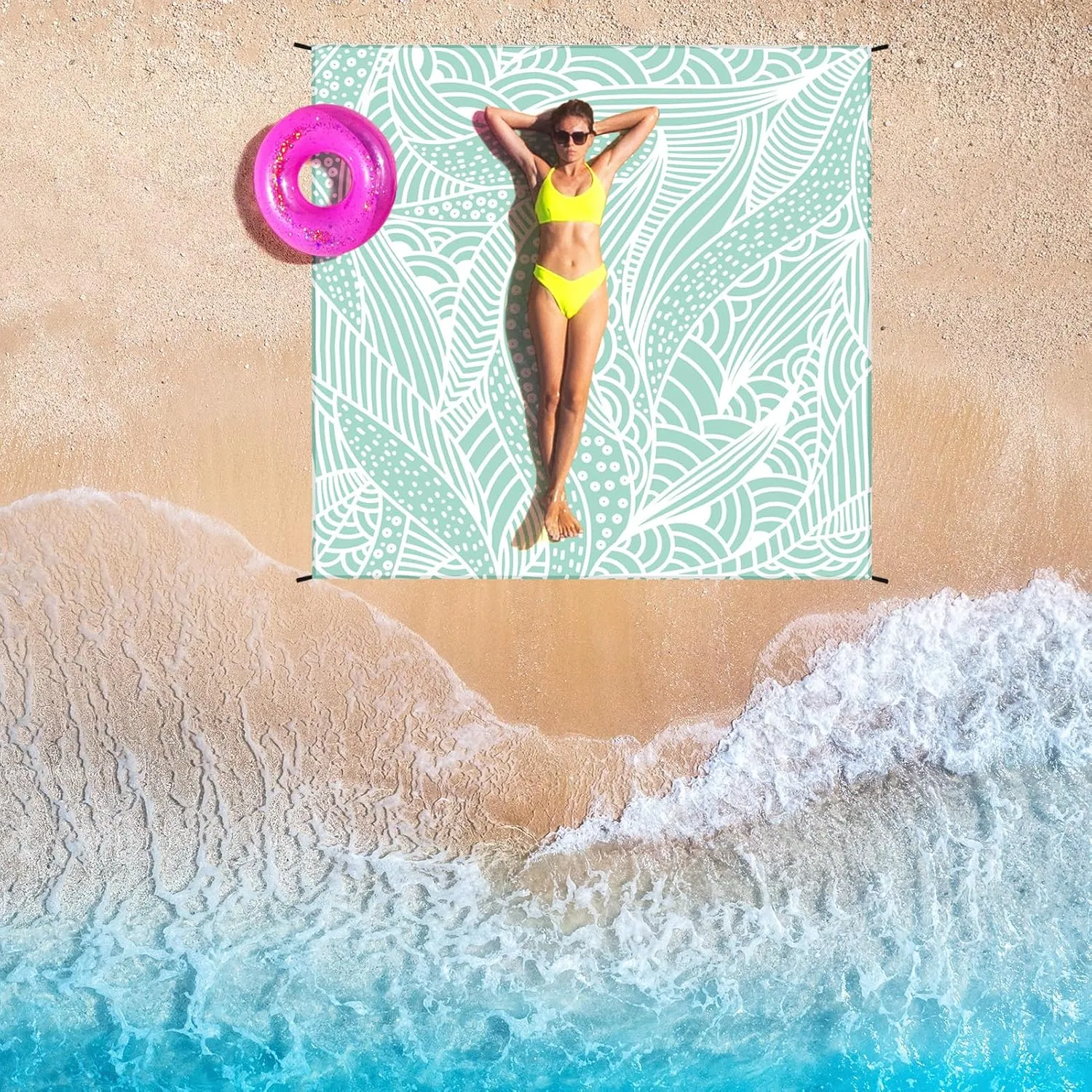 Beach Blanket Sandproof Extra Large Beach Mat Adults Waterproof Quick Drying Sand Free Mat Made by Premium Polyester with 4 Stakes & 4 Corner Pockets for Outdoor Travel Camping Hiking