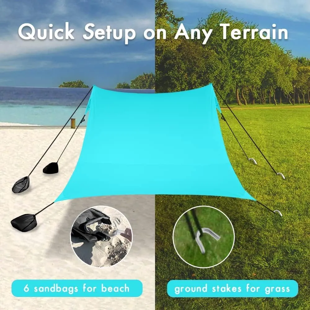 Beach Canopy Windproof Design, Sun Shelter UPF50  Portable Family Tent with 6 Sandbags Anchors 10x10 FT 2 Pole Pop Up Outdoor Shelter for Beach, Camping, Fishing, Backyard