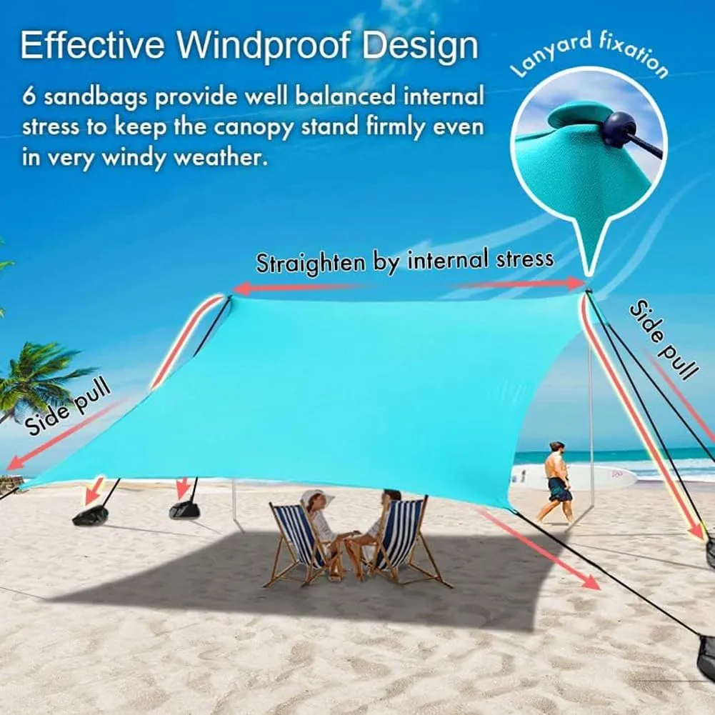Beach Canopy Windproof Design, Sun Shelter UPF50  Portable Family Tent with 6 Sandbags Anchors 10x10 FT 2 Pole Pop Up Outdoor Shelter for Beach, Camping, Fishing, Backyard