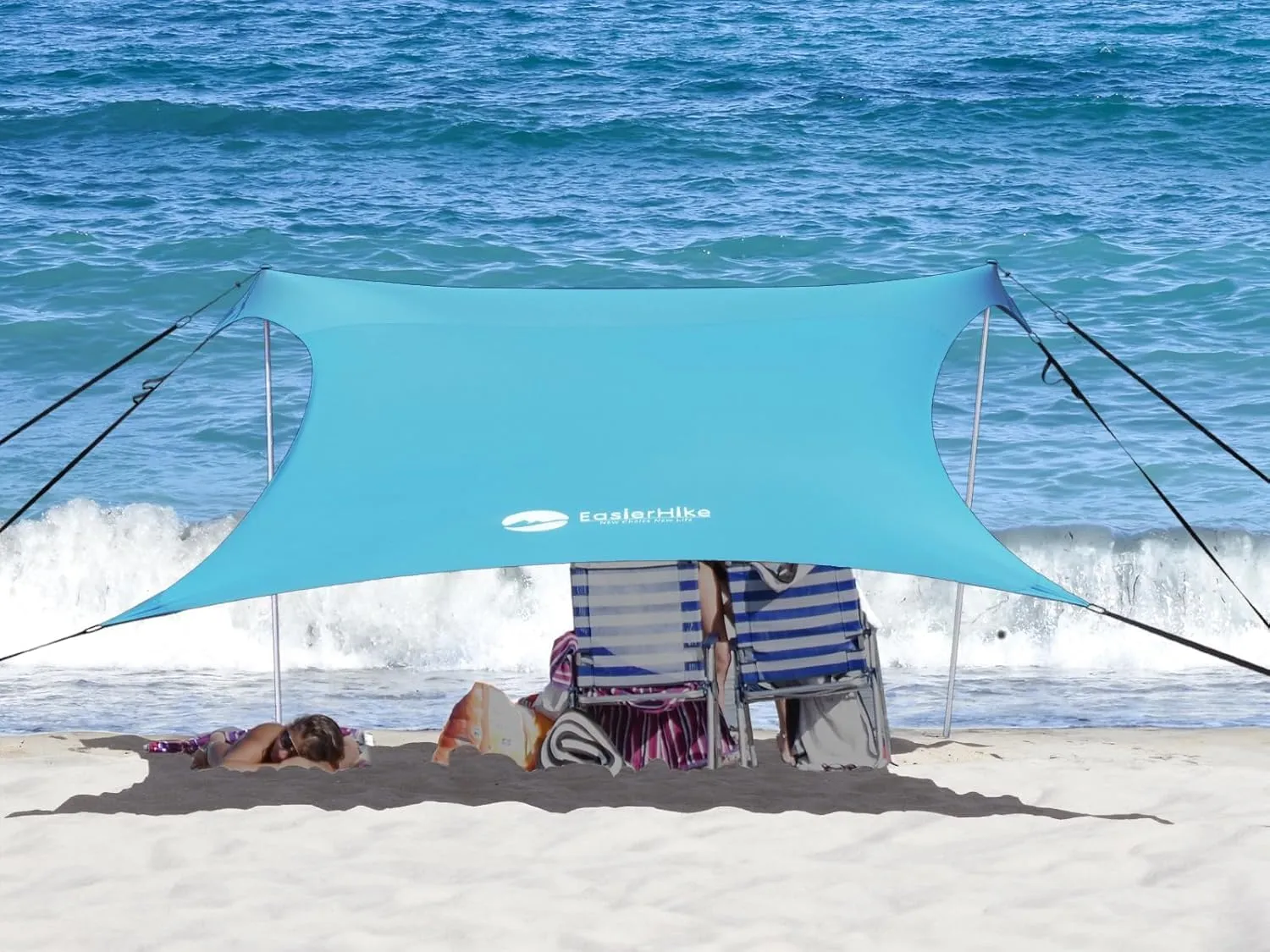 Beach Canopy Windproof Design, Sun Shelter UPF50  Portable Family Tent with 6 Sandbags Anchors 10x10 FT 2 Pole Pop Up Outdoor Shelter for Beach, Camping, Fishing, Backyard