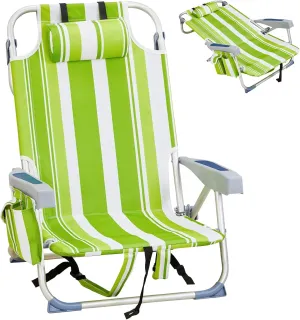 Beach Chair for Adults, Lightweight Folding Beach Chair with Cup Holder and Padded Headrest, Low Backpack Beach Chair with Hard Armrest, Outdoor Chairs for Camping, Lawn Concert,Green Stripes