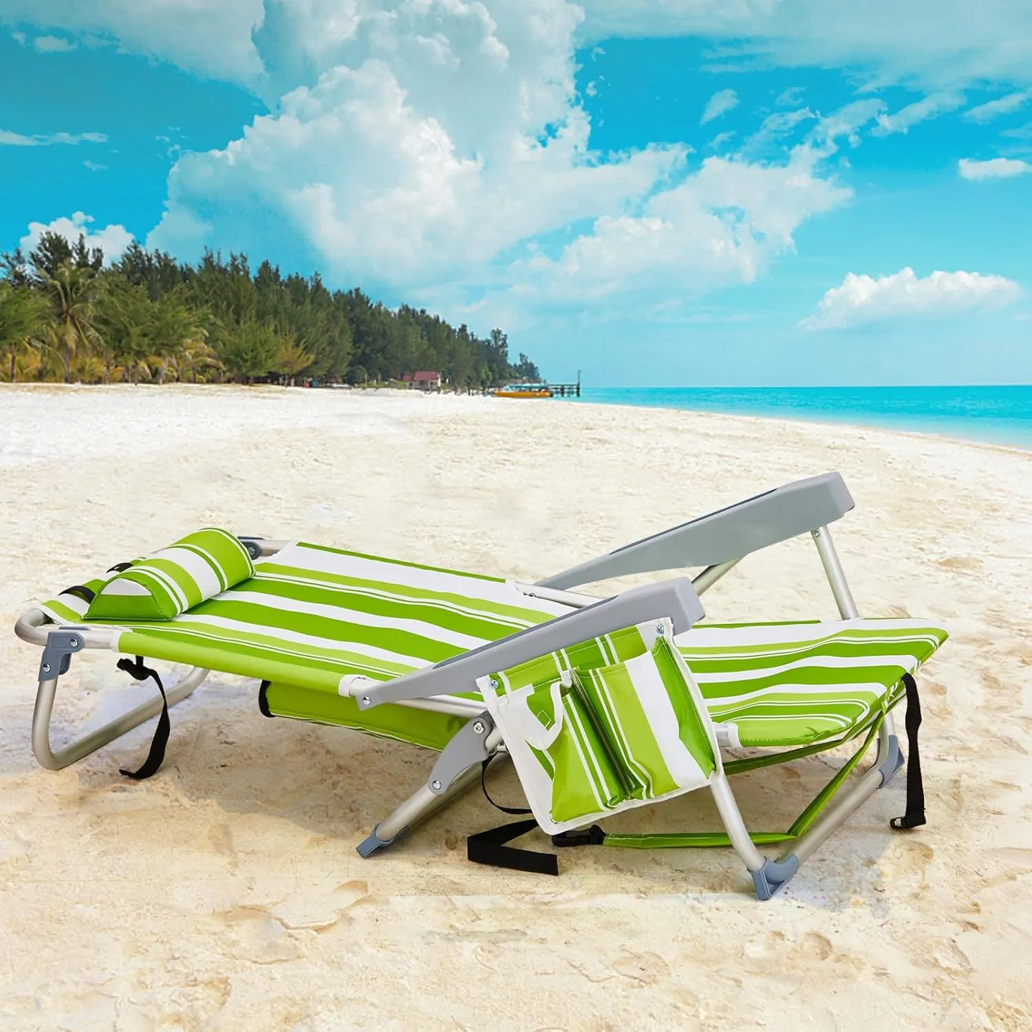 Beach Chair for Adults, Lightweight Folding Beach Chair with Cup Holder and Padded Headrest, Low Backpack Beach Chair with Hard Armrest, Outdoor Chairs for Camping, Lawn Concert,Green Stripes