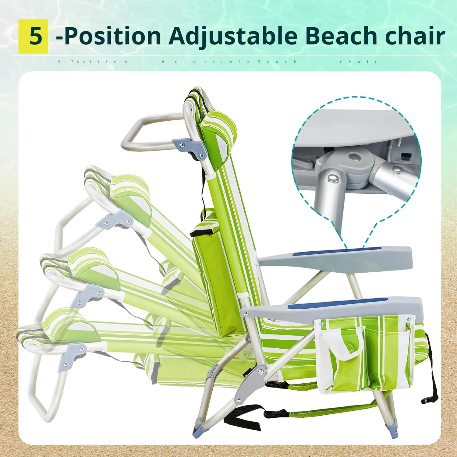 Beach Chair for Adults, Lightweight Folding Beach Chair with Cup Holder and Padded Headrest, Low Backpack Beach Chair with Hard Armrest, Outdoor Chairs for Camping, Lawn Concert,Green Stripes