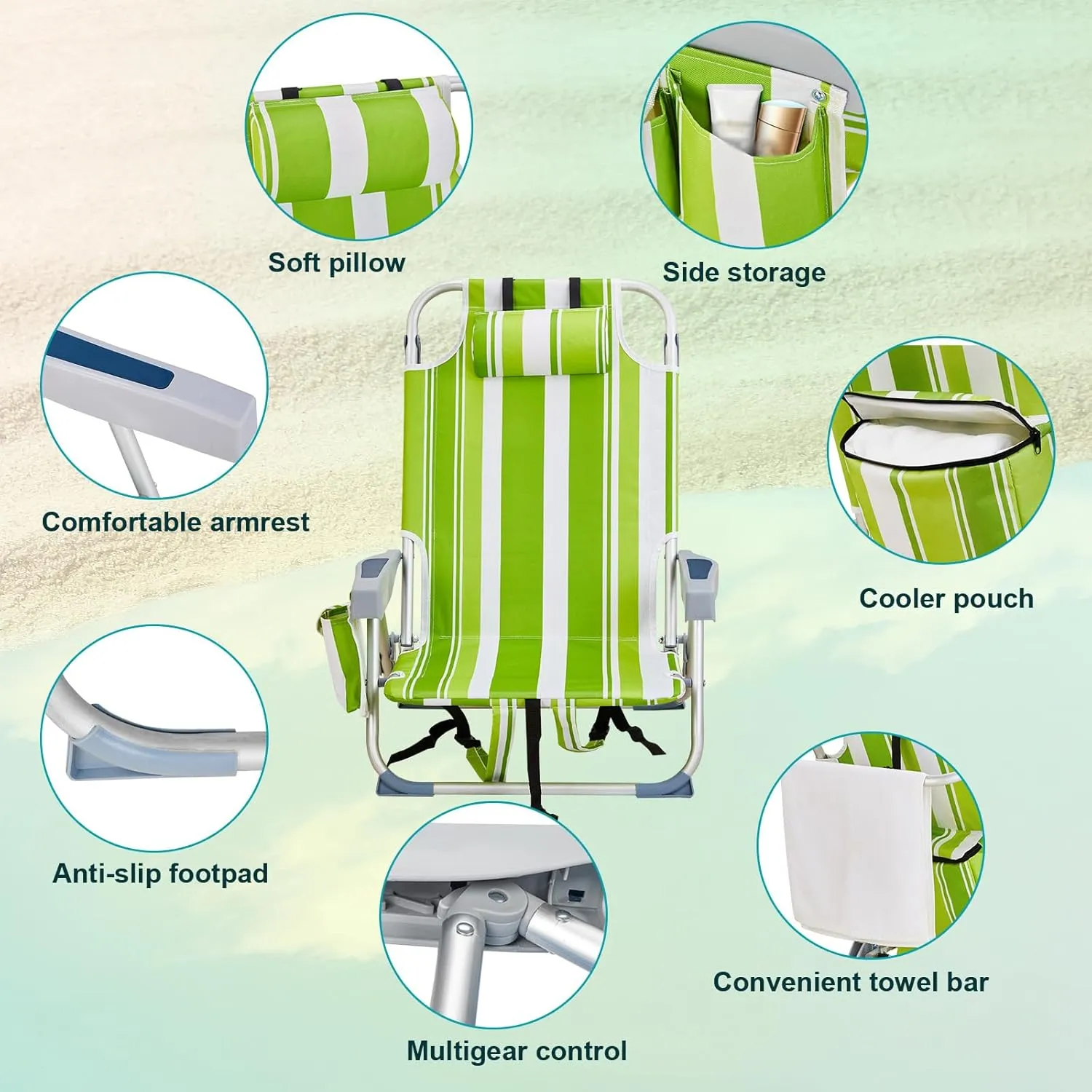 Beach Chair for Adults, Lightweight Folding Beach Chair with Cup Holder and Padded Headrest, Low Backpack Beach Chair with Hard Armrest, Outdoor Chairs for Camping, Lawn Concert,Green Stripes