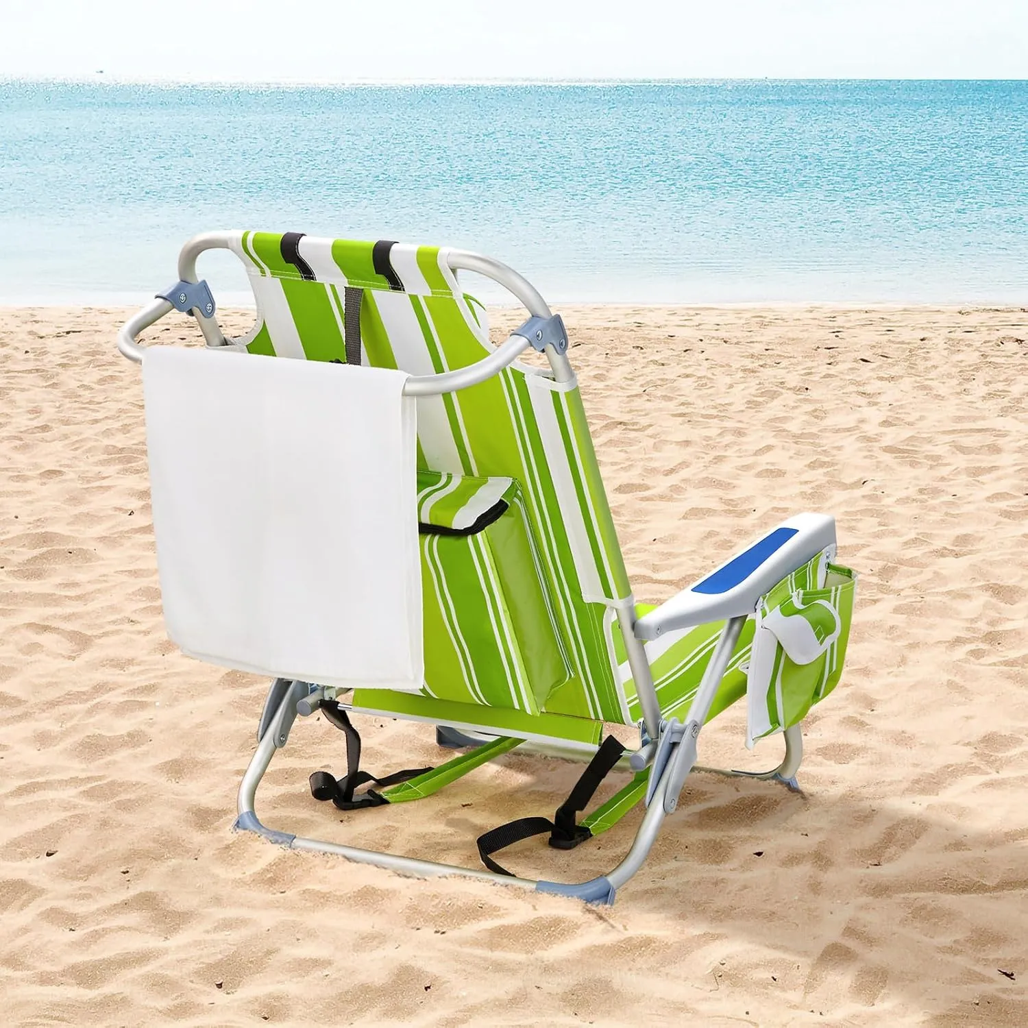 Beach Chair for Adults, Lightweight Folding Beach Chair with Cup Holder and Padded Headrest, Low Backpack Beach Chair with Hard Armrest, Outdoor Chairs for Camping, Lawn Concert,Green Stripes