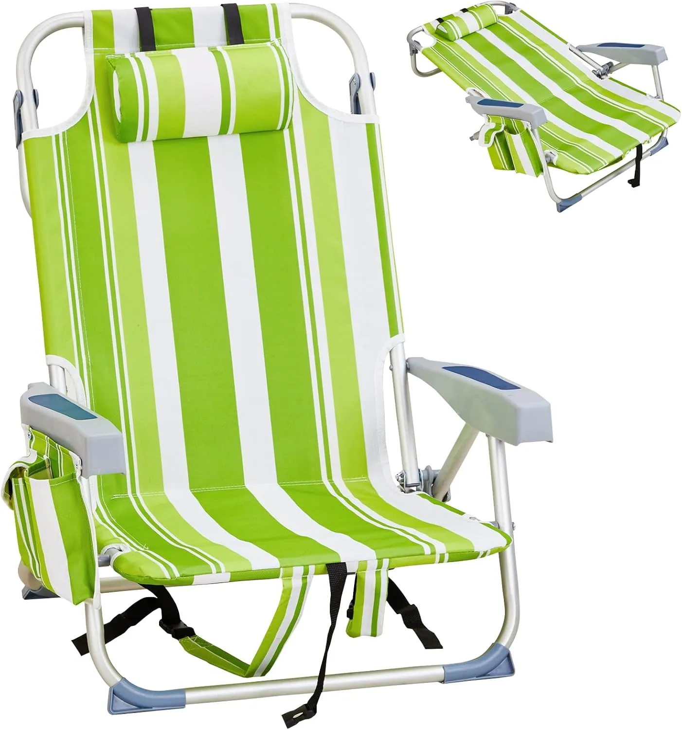 Beach Chair for Adults, Lightweight Folding Beach Chair with Cup Holder and Padded Headrest, Low Backpack Beach Chair with Hard Armrest, Outdoor Chairs for Camping, Lawn Concert,Green Stripes