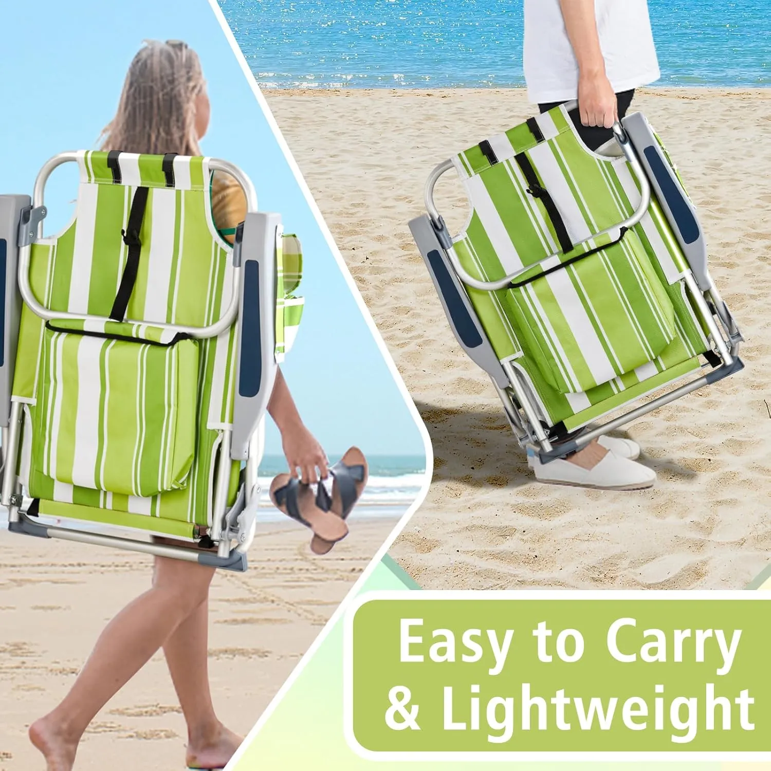 Beach Chair for Adults, Lightweight Folding Beach Chair with Cup Holder and Padded Headrest, Low Backpack Beach Chair with Hard Armrest, Outdoor Chairs for Camping, Lawn Concert,Green Stripes