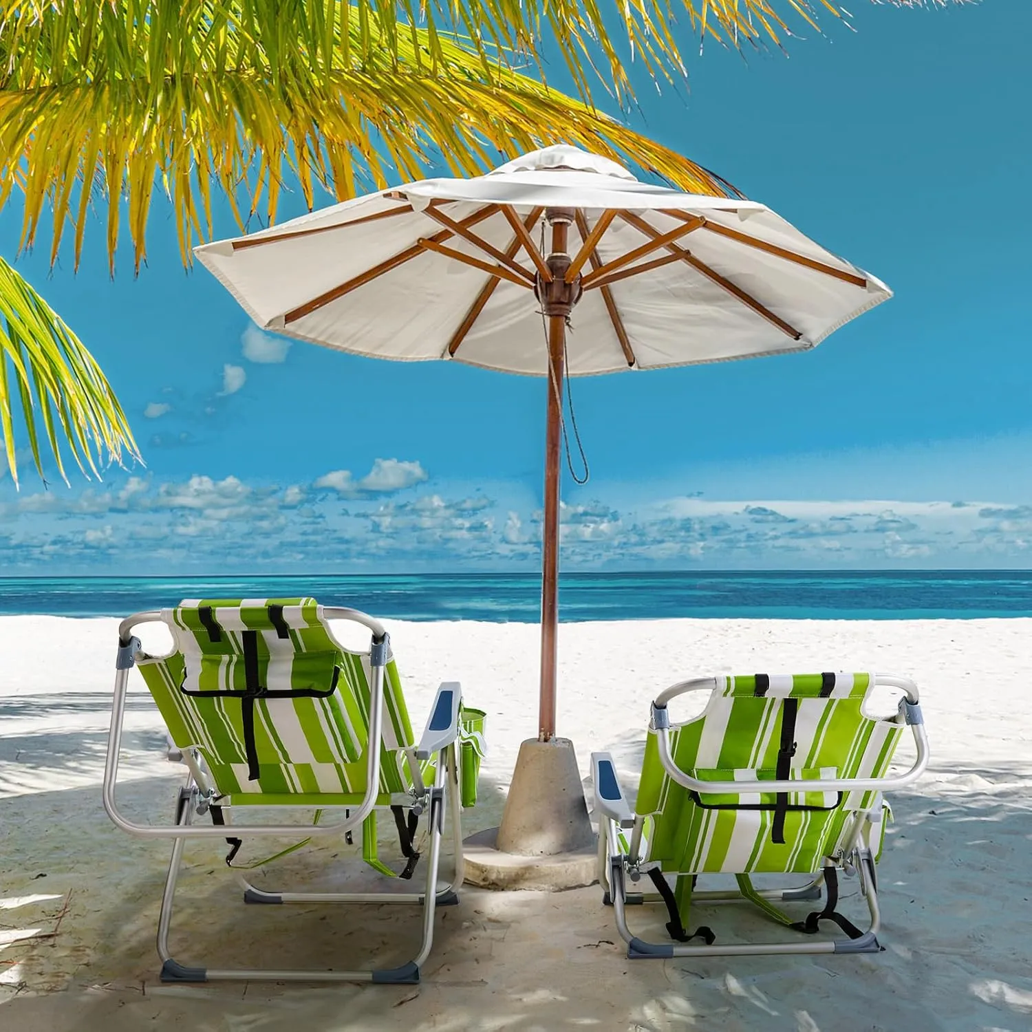 Beach Chair for Adults, Lightweight Folding Beach Chair with Cup Holder and Padded Headrest, Low Backpack Beach Chair with Hard Armrest, Outdoor Chairs for Camping, Lawn Concert,Green Stripes