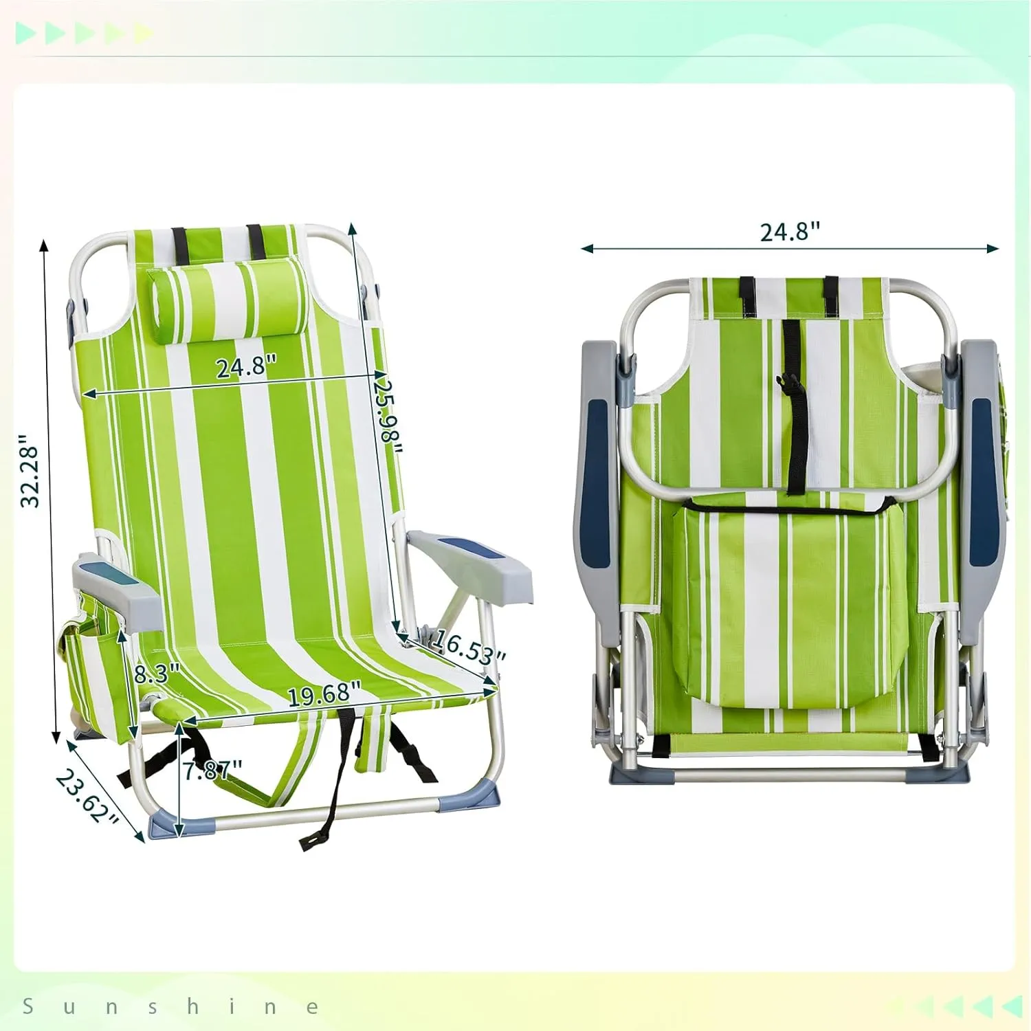 Beach Chair for Adults, Lightweight Folding Beach Chair with Cup Holder and Padded Headrest, Low Backpack Beach Chair with Hard Armrest, Outdoor Chairs for Camping, Lawn Concert,Green Stripes