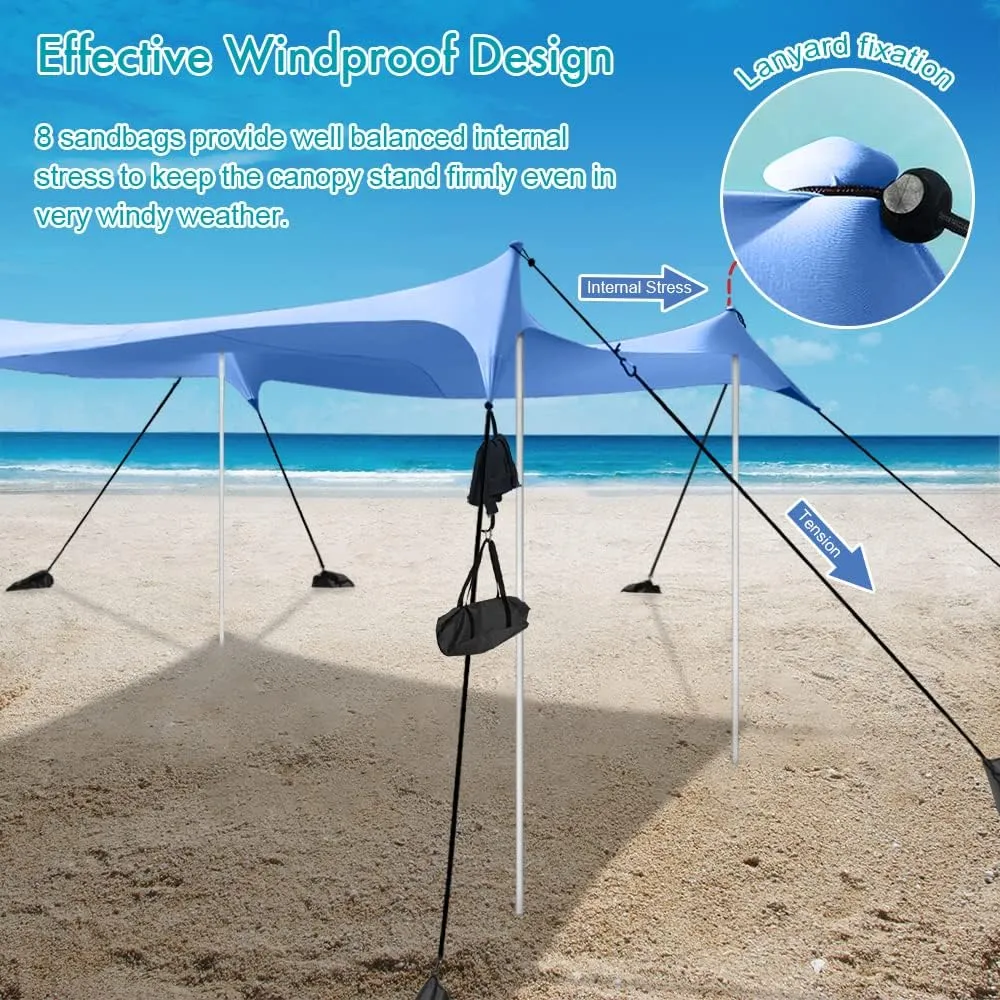 Beach Shade Windproof Design, Sun Shelter UPF50  Portable Family Canopy Tent with 8 Sandbag Anchors 10x10 FT 4 Poles Pop Up Outdoor Shelter for Beach, Camping, Fishing, Backyard and Picnics